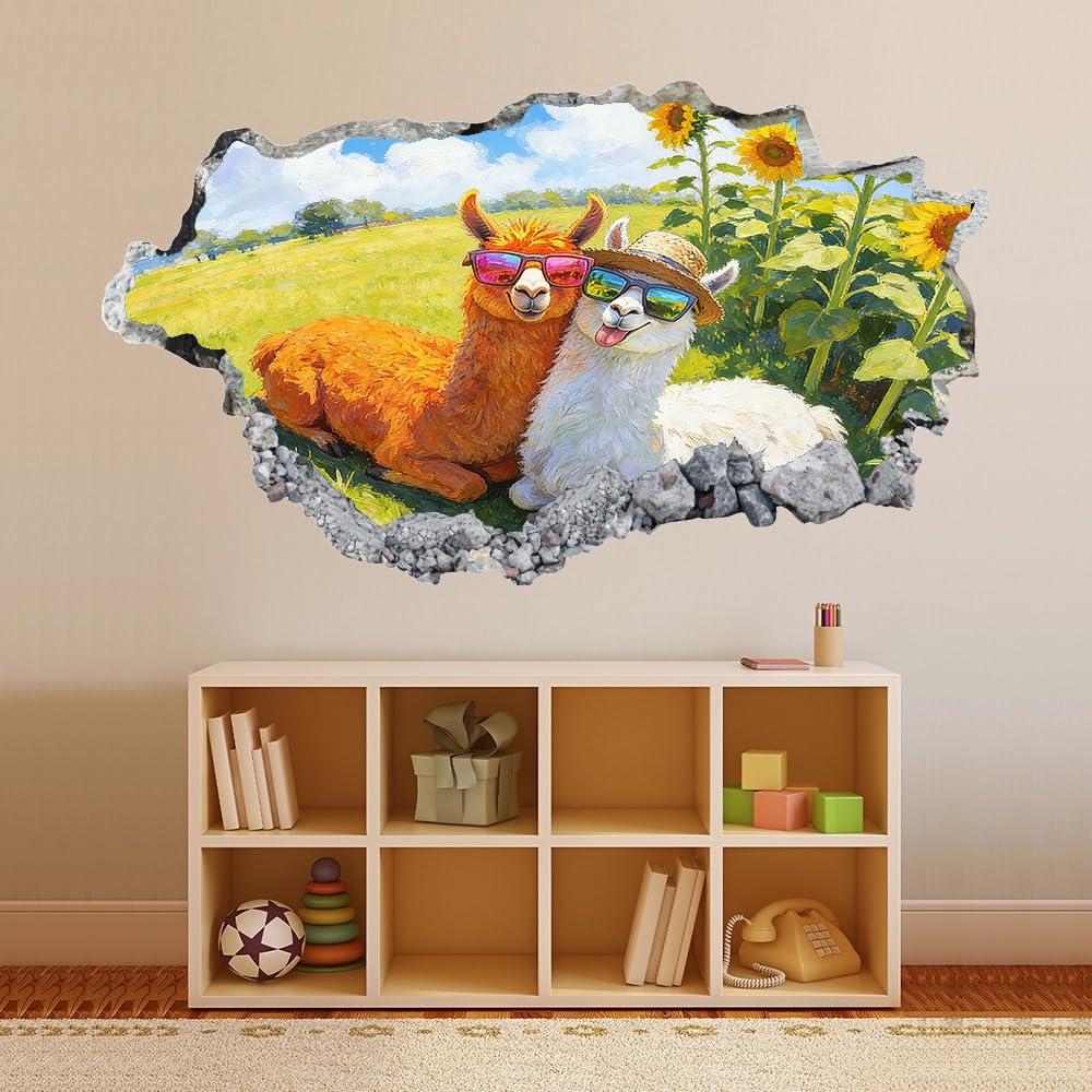 3D Wandtattoo Durchbruch Wanddeko Alpaka-Sonnenblume Wanddurchbruch sticker Wandbild Wandsticker Grasland-Naturlandschaft Wohnzimmer Wanddeko Wandaufkleber für Kinderzimmer Mädchen Teenager Zimmer