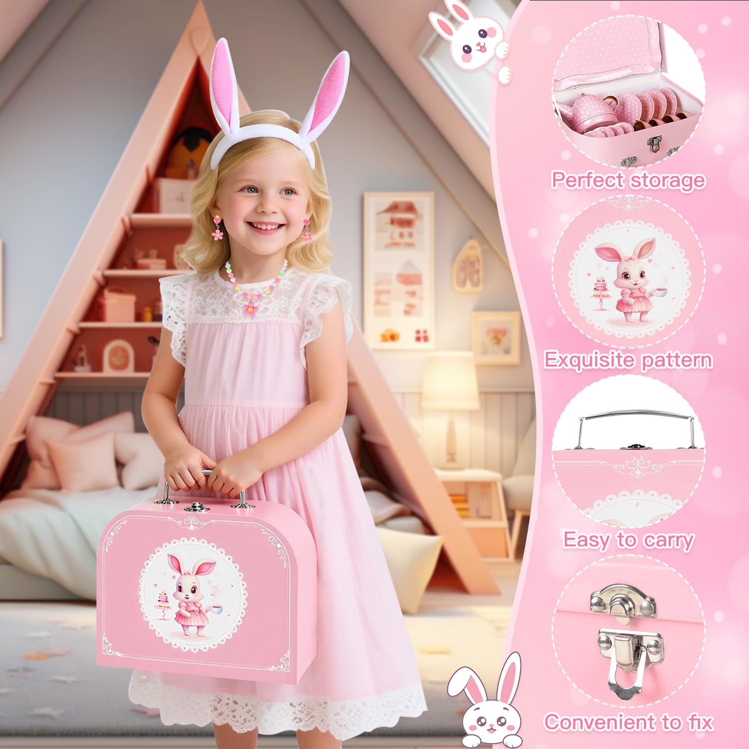 Tea Party Set for Little Girls 3-8, Tea Time Toys Including Tea Set Dessert Carrying Case, Princess Jewelry, Kitchen Pretend Play Toys Tea Set for Girls Birthday (Pink)