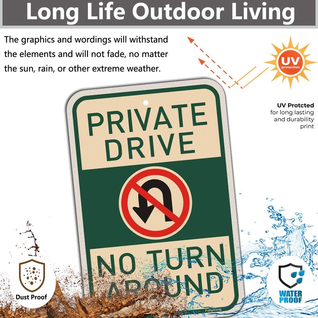 2 Pack Private Drive No Turn Around Sign with No U-Turn Symbol 18 x 12 Inches Metal Reflective Sturdy Rust Aluminum Waterproof Easy to Install