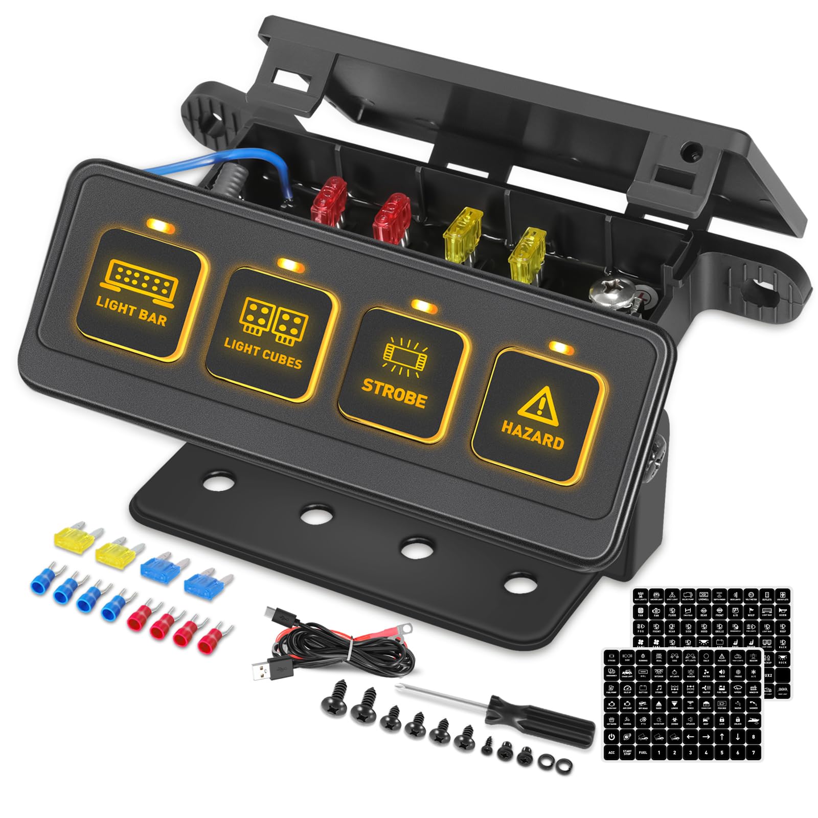 Wireless 4 Gang Switch Panel, Muto-Beam Multifunction Remote Control Switch Panel Auxiliary Universal Circuit Control Box with 4 Modes Strobe Memory Relay System for Truck SXS UTV ATV Car RV Boat