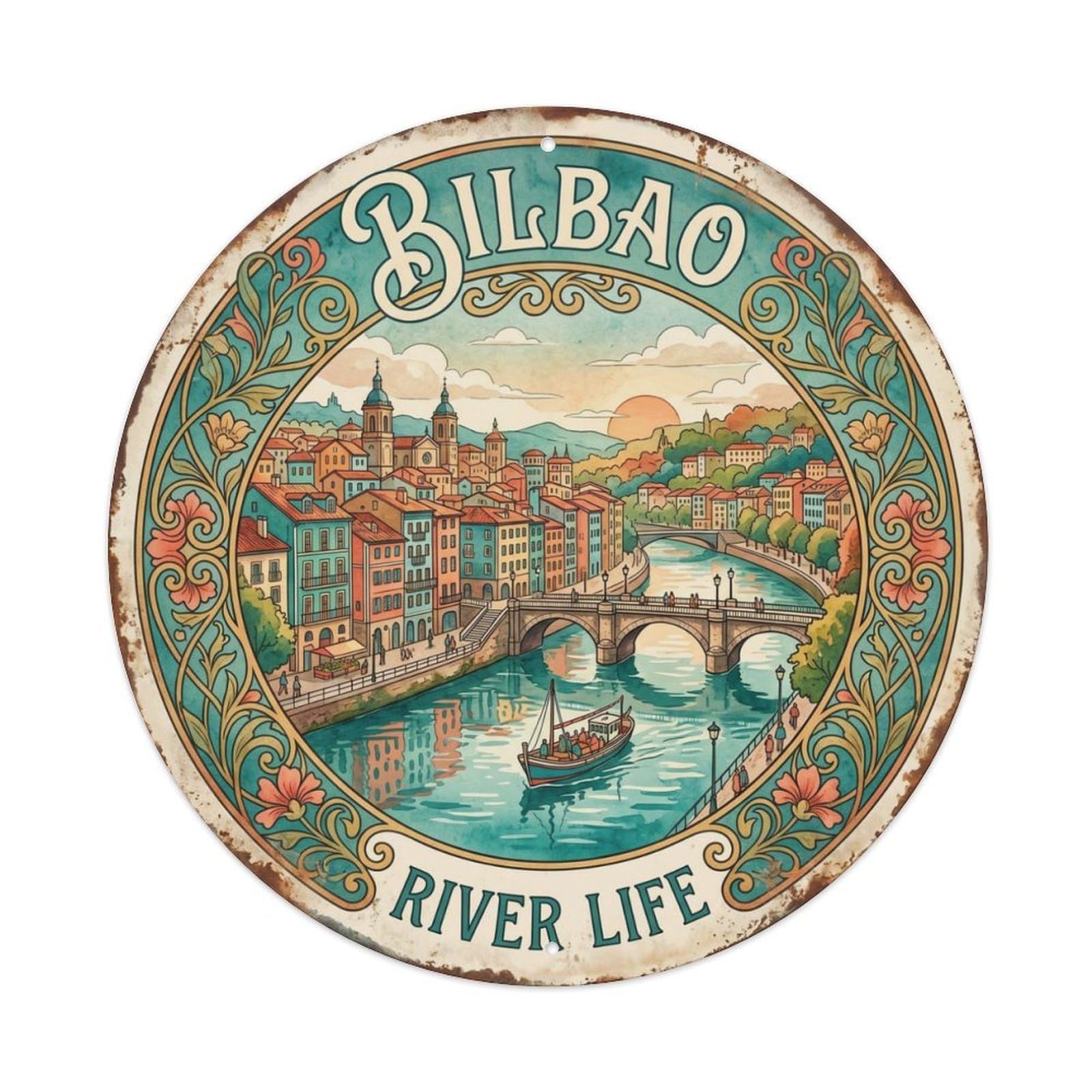 Vintage Travel Riverside Bilbao Waterfront Metal Tin Sign Plaque Wall Decor for Cafe, Club Bar, Office, Home Garden Round Metal Poster 8x8Inch