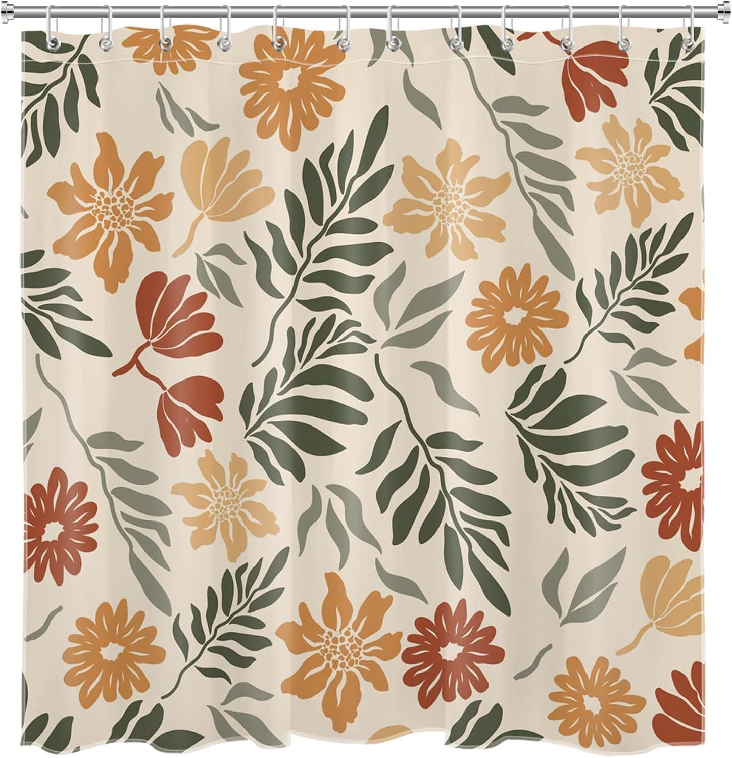 MASLEK Modern Boho Floral Shower Curtain, Beige Tropical Botanical Design with Orange Blooms and Green Leaf Bathroom Curtain with Hooks, 72W x 78L Inches