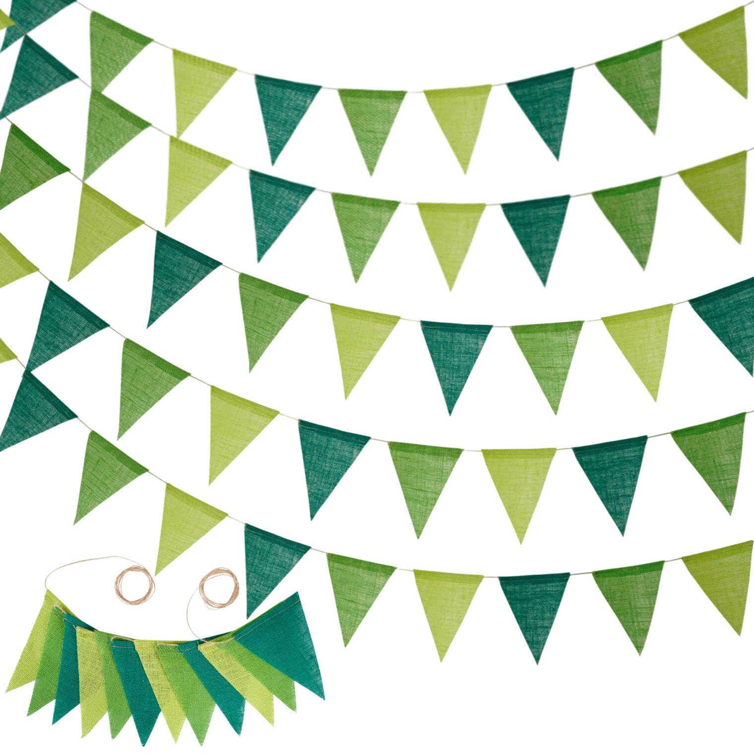 SHIFANQI 60PCS Waterproof Burlap Bunting Banner, 18M/59Ft Vintage Hessian Bunting Outdoor, Reusable Triangle Flags for Garden, Birthday, Wedding, Baby Shower, Party Decorations, Green