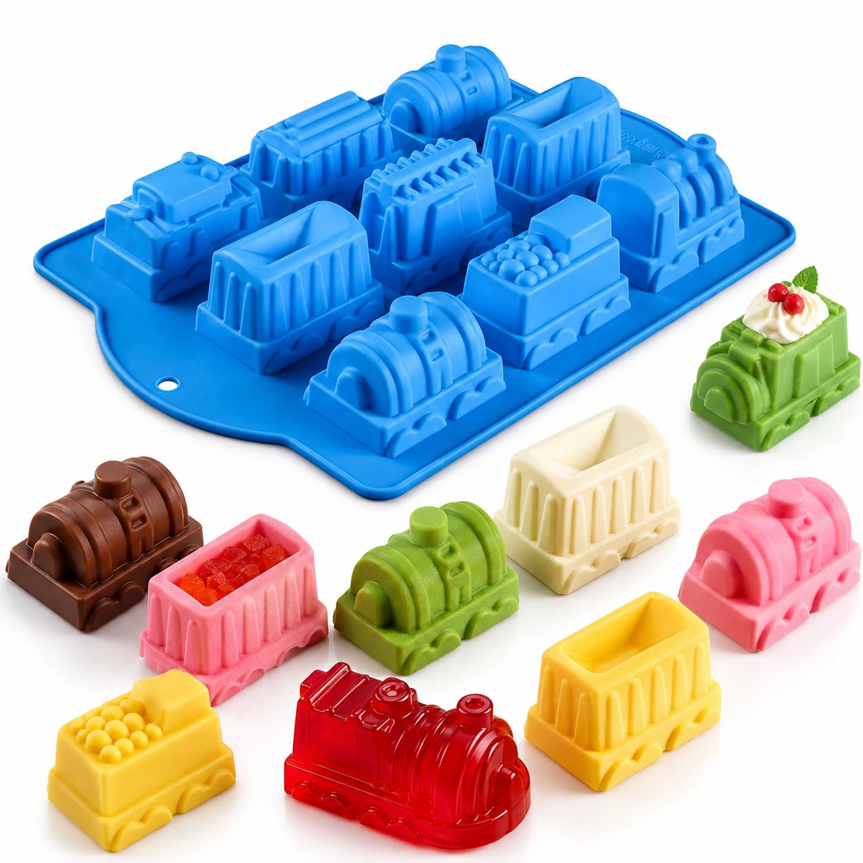 Joyeee Silicone Train Cake Mold - 9 Cavity Non-stick Baking Mold for Soap, Wafer, Pastry, Tart, Pie, Flan, Dough, Chocolate Cake, Crayon, Kids Shower Supplies — image 1