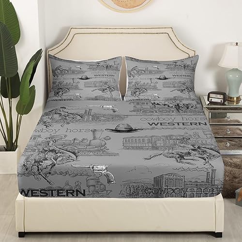 Miniatura 3 de Manfei Juego de sábanas bajeras de vaquero tamaño individual, juego de ropa de cama de caballo vaquero occidental de 2 piezas para decoración de