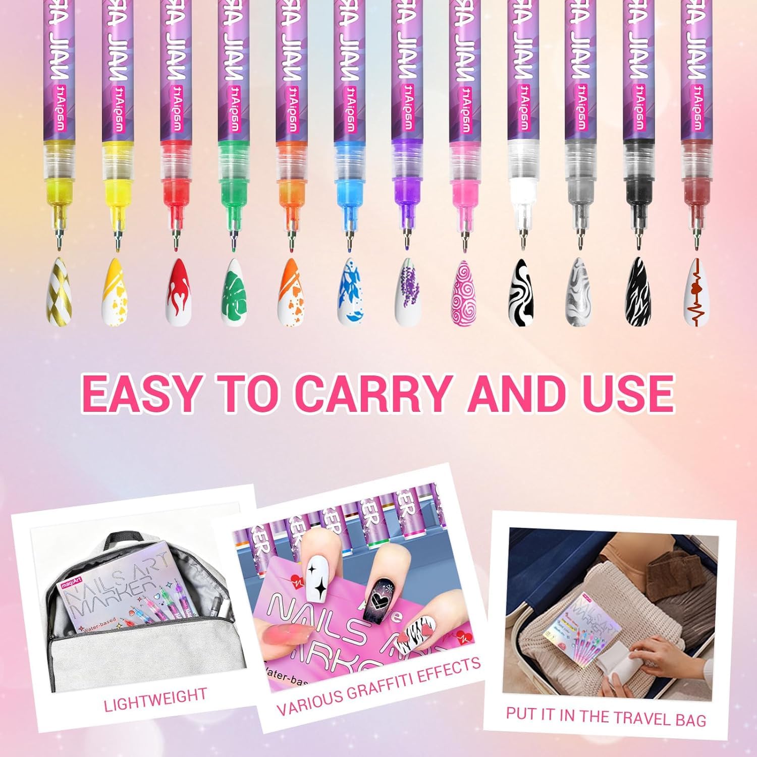 12 Colors Nail Art Pens, Fine Tips Nail Polish Pens Quick Dry, Dotting Pen Acrylic Painted Pen Kit 3d Nail Polish Pens Drawing Painting for Diy Nails Art Design Manicure Tools