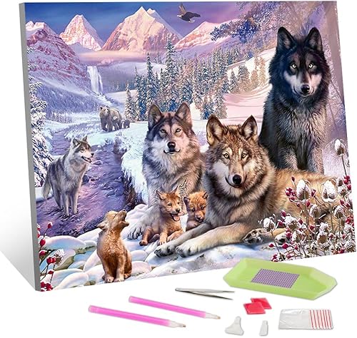 TISHIRON Pintura de diamantes 5D kits de pintura de animales para adultos lobos en nieve con diamantes paisaje de invierno arte redondo completo
