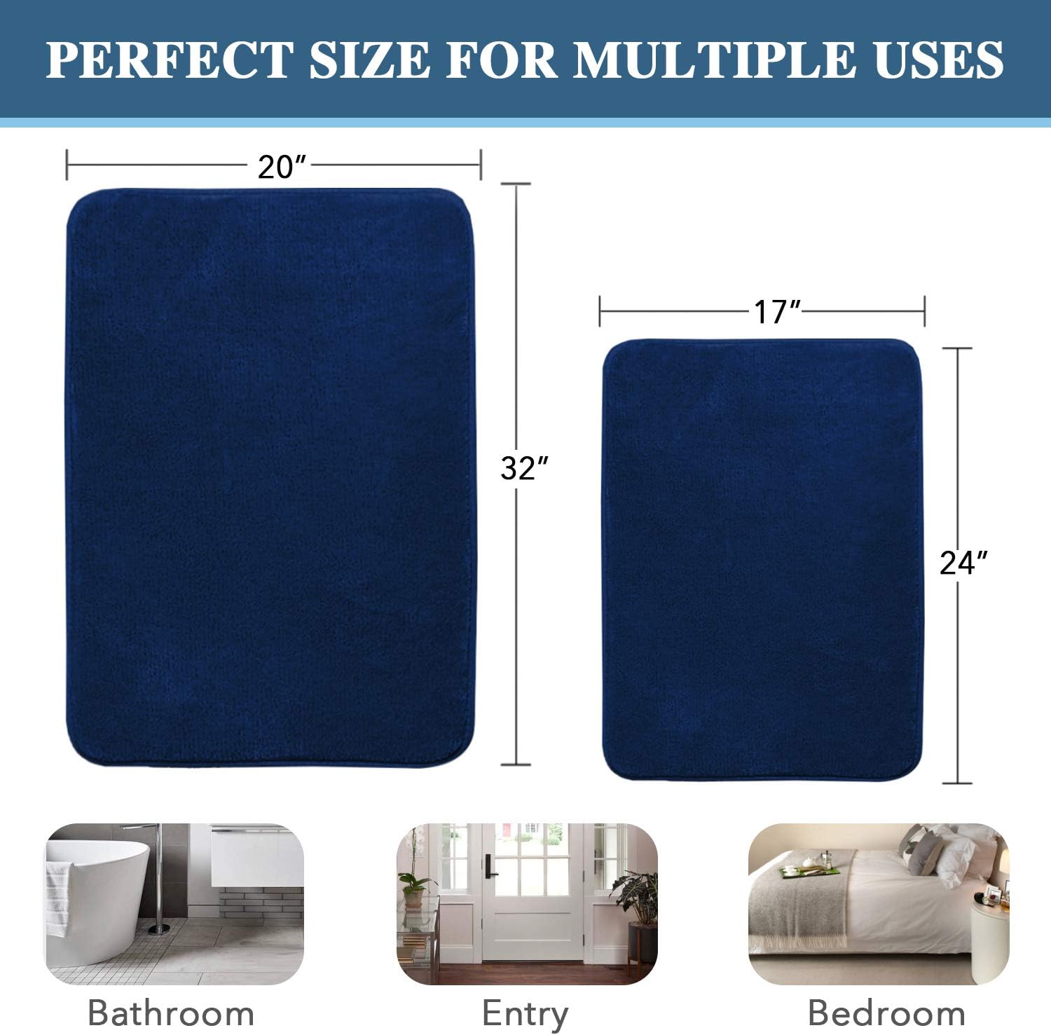 H.VERSAILTEX Bath Mat Memory Foam Set Bathroom Rug Set Flannel Velvety Bath Mat Luxury Extra Soft and Absorbent Non Slip Rugs for Bathroom/Bedroom Washable(2 Pack- 20"x 32"/ 17"x 24", Navy) - Image 2