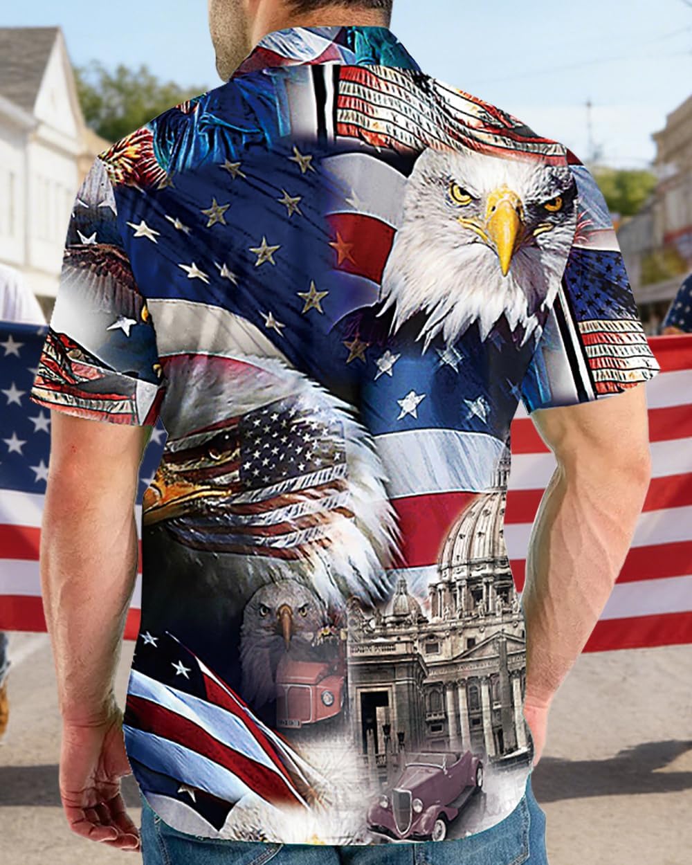 Eciodci Men's American Flag Patriotic Button Down Shirt USA 4th of July Short Sleeve Shirts for Men
