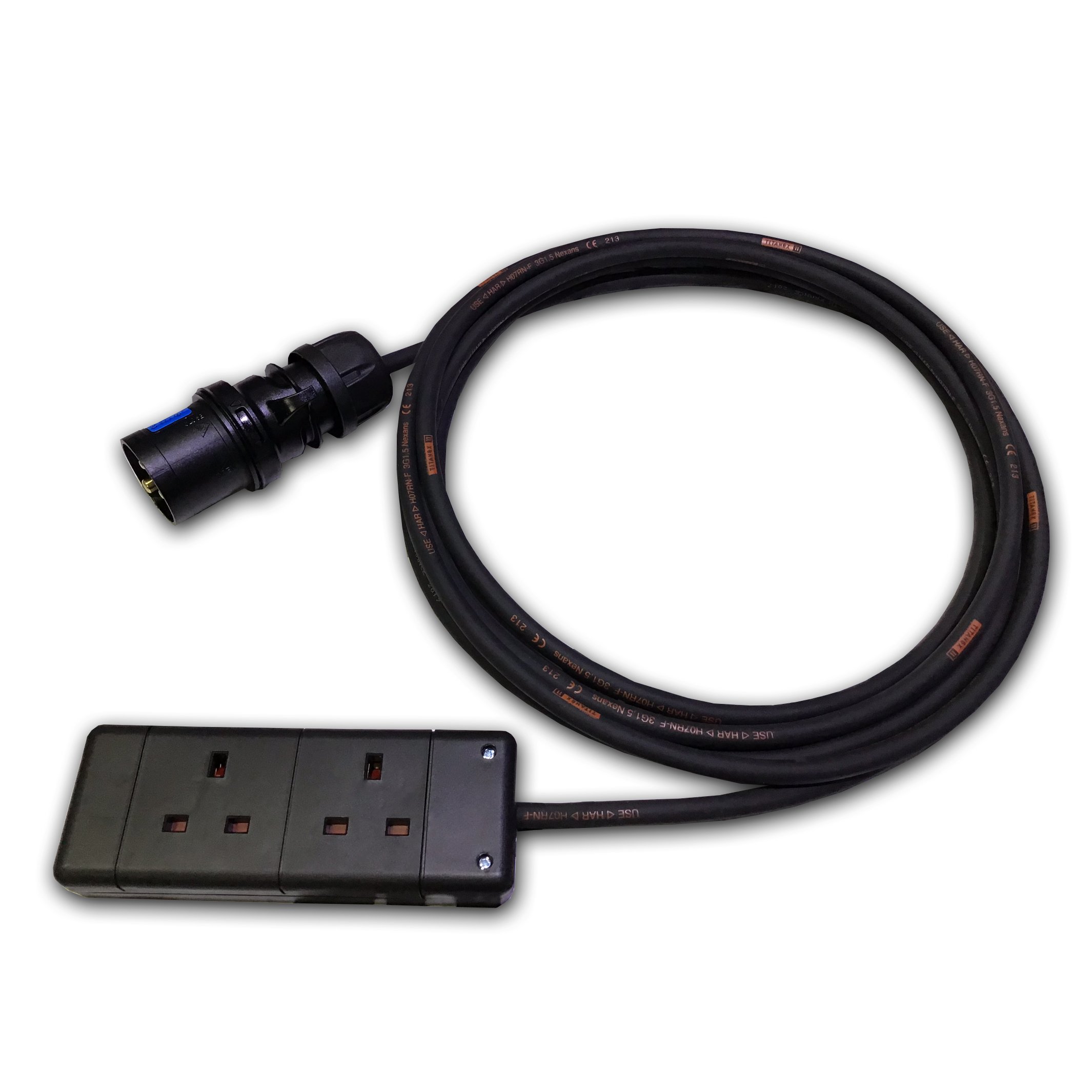 Marten 230v 16a PCE Plug Black to 13a 2 Gang 1.5mm HO7RN-F Rubber (2m)
