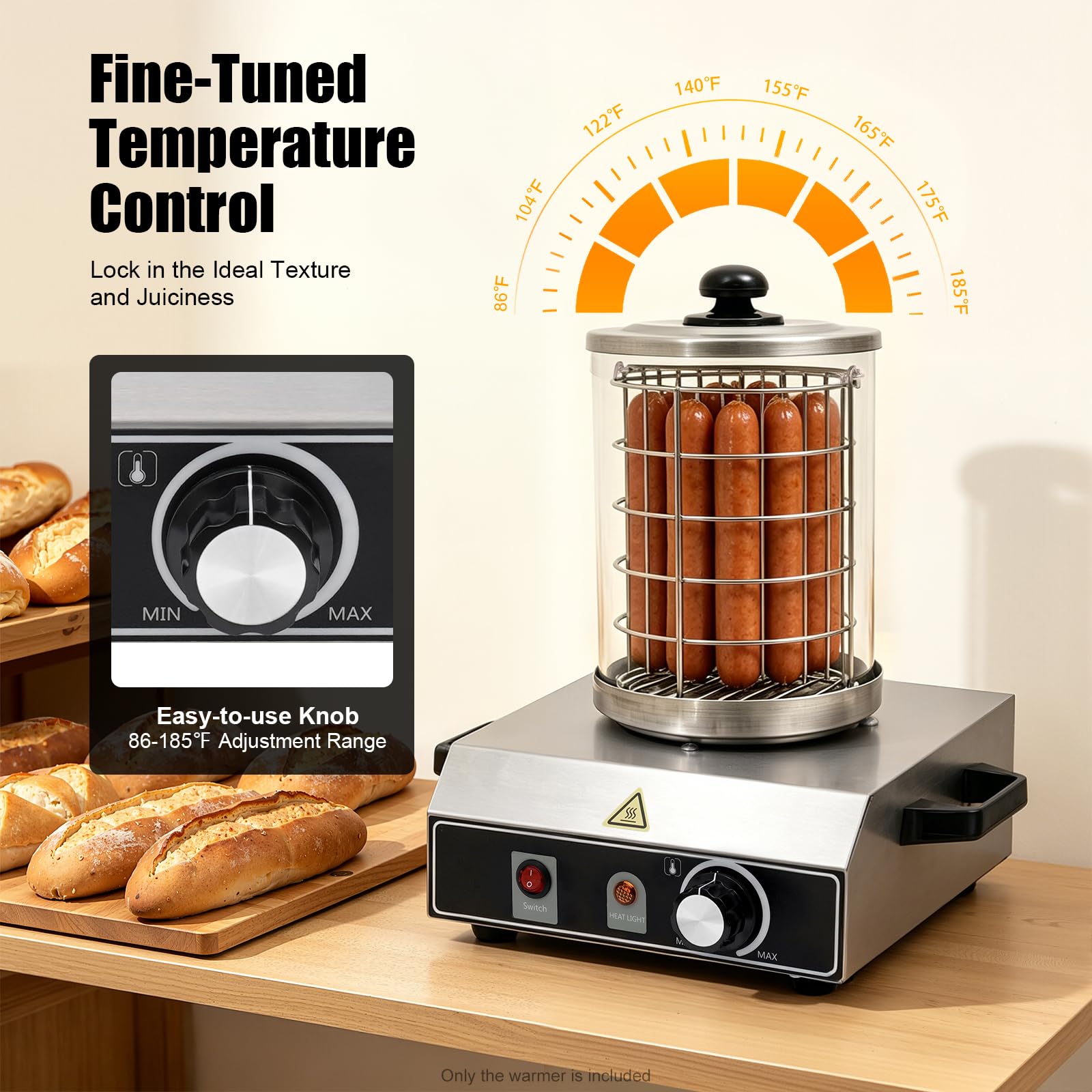 Würstchenwärmer, 350W Hot Dog Maker Temperaturbereich 0-85 °C Zylinderdurchmesser 16 cm Profi Würstchenkocher aus Edelstahl