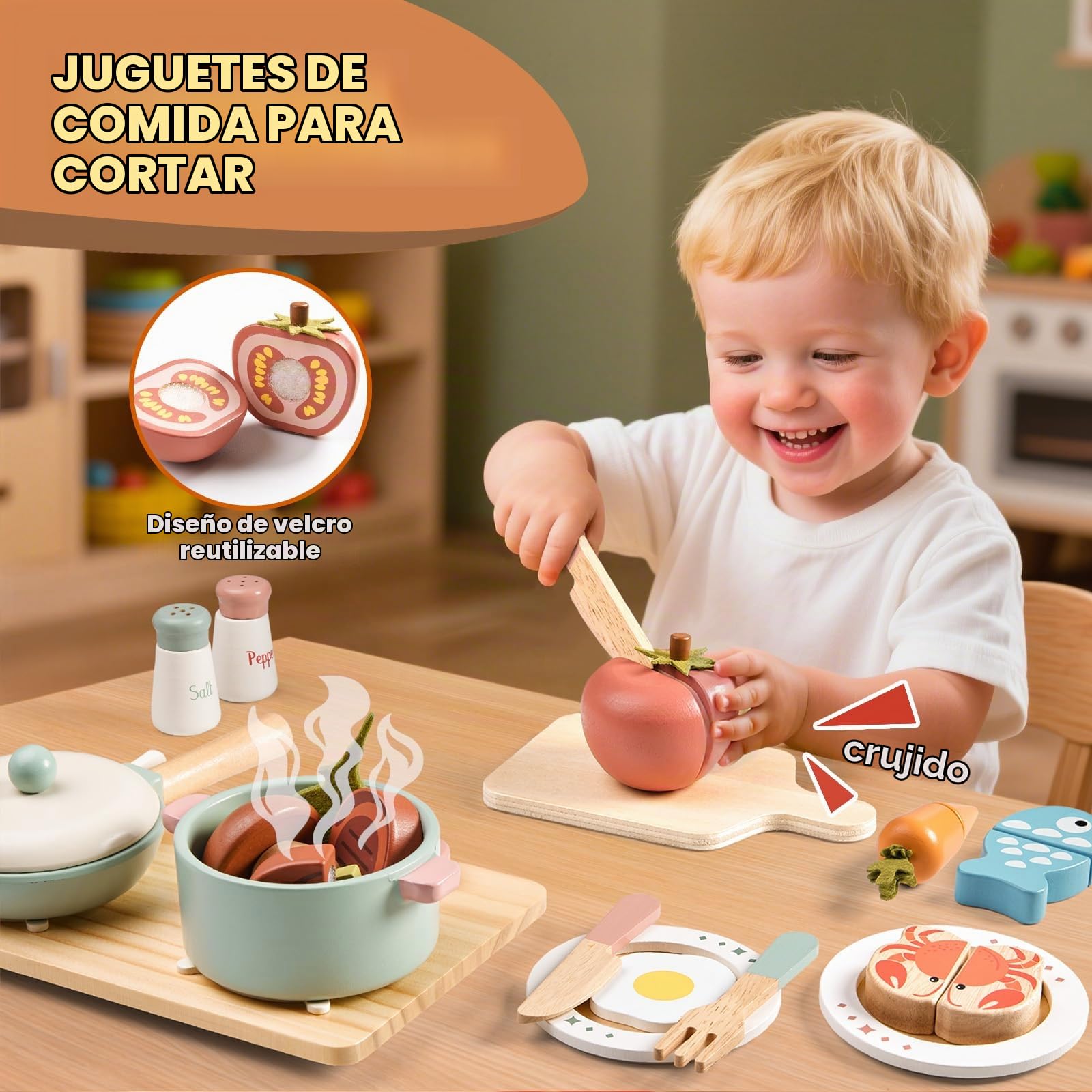 Accesorios de cocina de juego de madera, juego de ollas y sartenes para niños, juego de cocina con estufa de juguete, juegos de cocina para niños pequeños, juguetes de comida para niños pequeños, 3-5