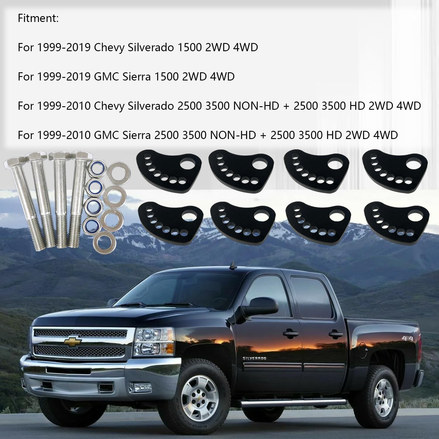 Upper Control Arm Alignment Cam Bolt Kit for Chevy Silverado GMC Sierra 1500 2500 3500 2WD 4WD 1999-2019, 4 Pack Alignment Caster/Camber Hardware Kit