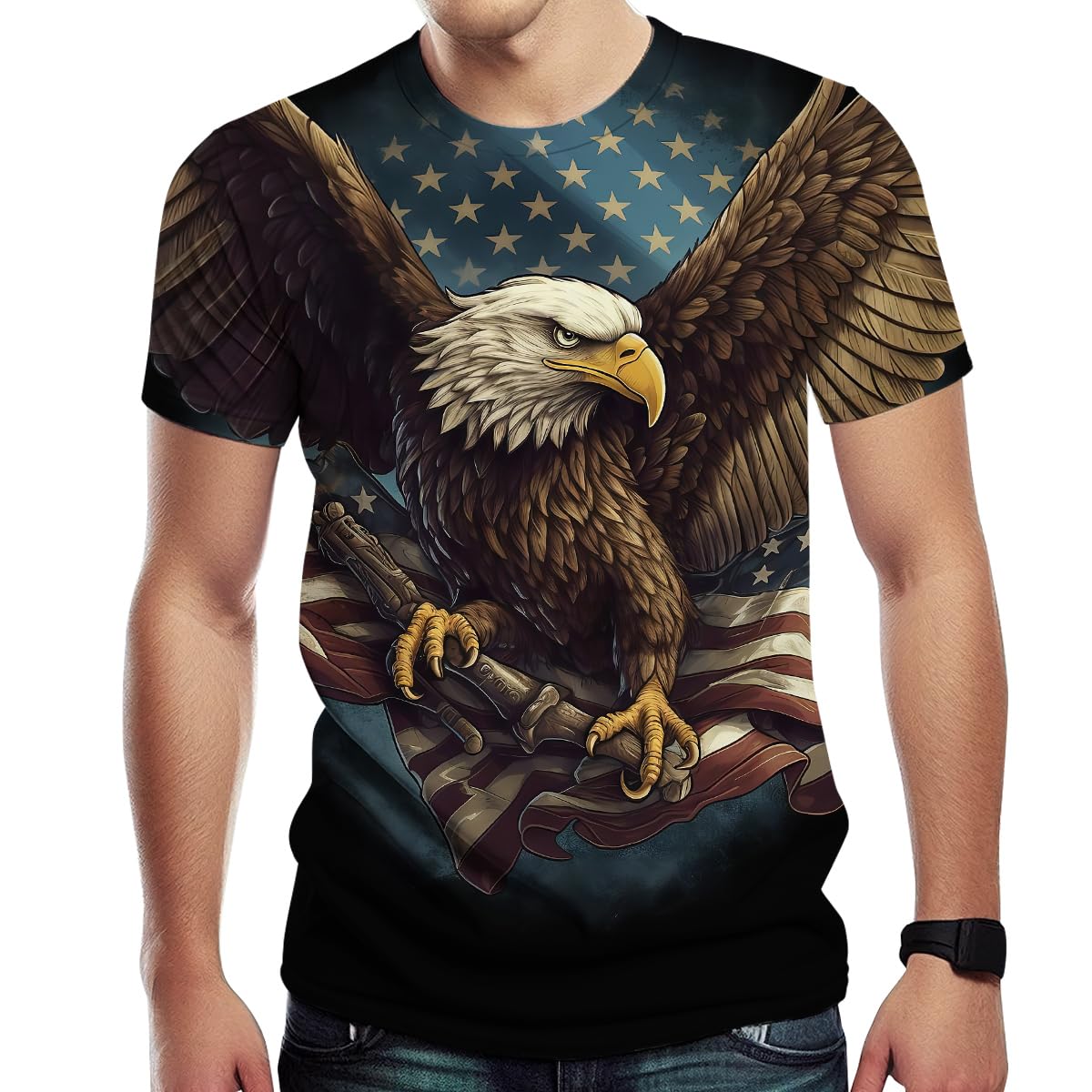 Tiwbski Men's Black2 Novelty Eagle T-Shirts For American Flag Print Shirt With Short Sleeves, Medium