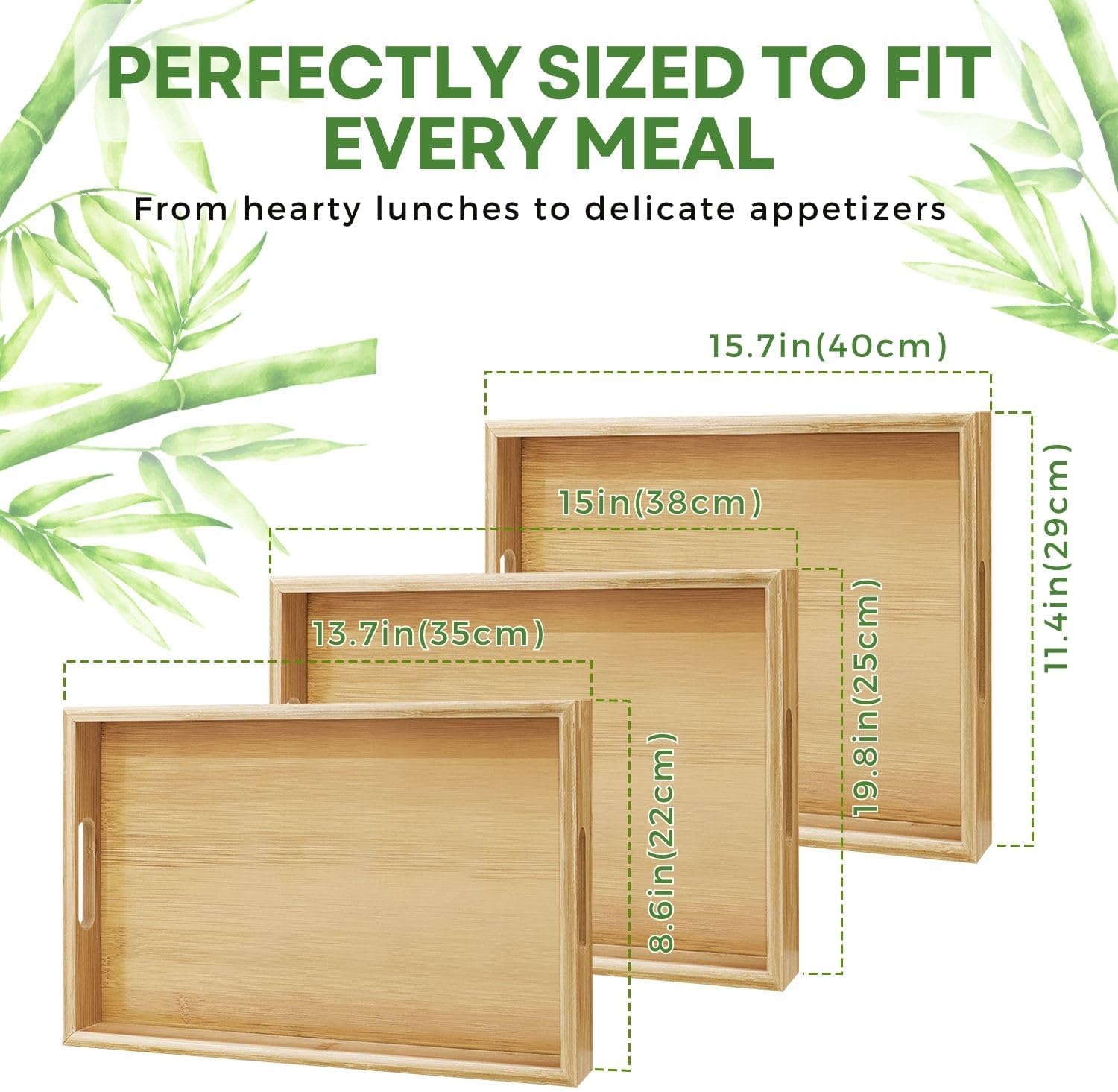 Flexzion Natural Bamboo Tray - 2 Pack Bamboo Serving Tray with Handles - Eco-Friendly Decorative Wooden Handle Food Serving Tray for Eating Breakfast Lunch Dinner - Image 7