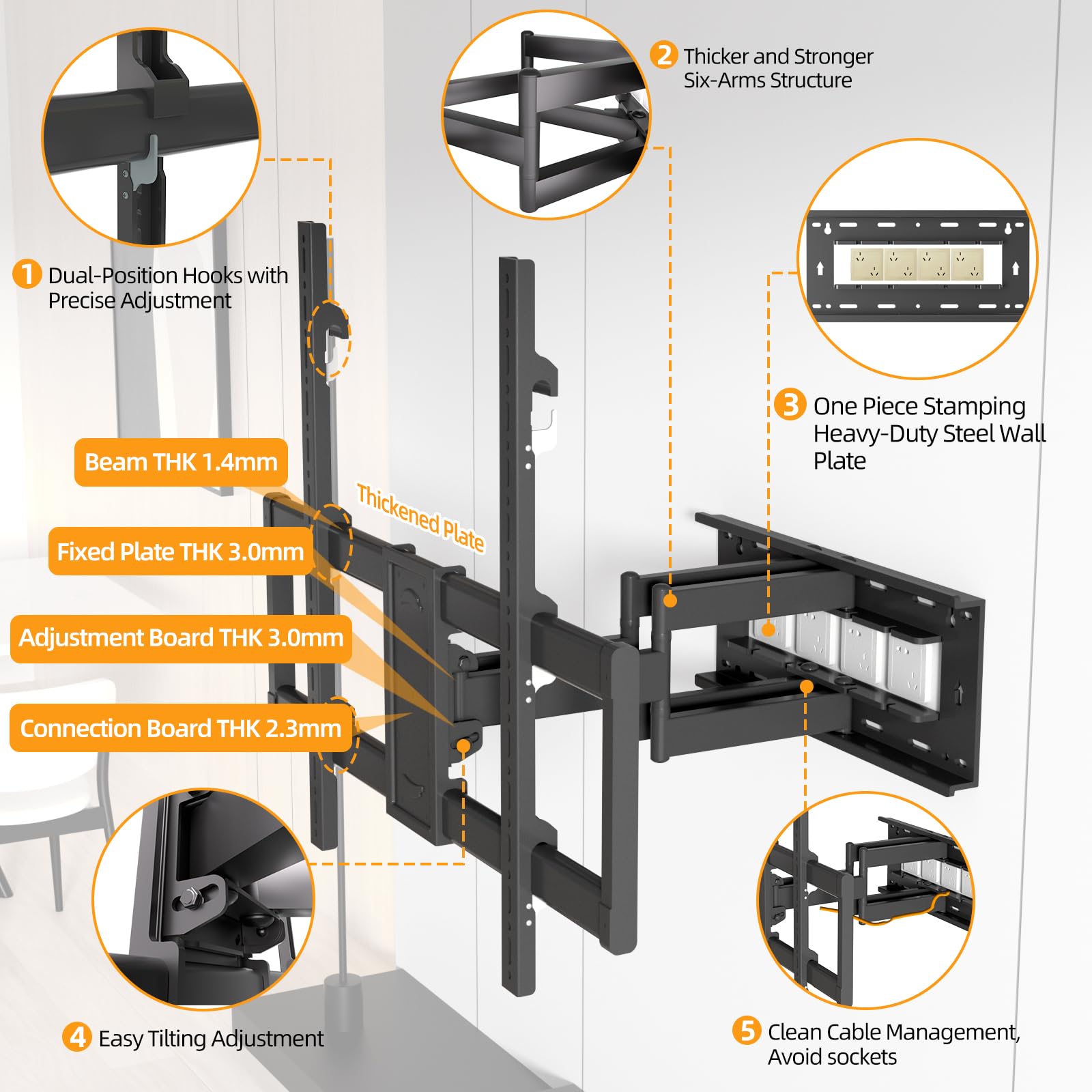 Supporto TV Parete per 50-100 Pollici fino a 75kg, Doppio Braccio Staffa TV Girevole Inclinazione Estensibile Movimento Completo Braccio Televisore Regolazione Altezza Gancio Max VESA 800x600