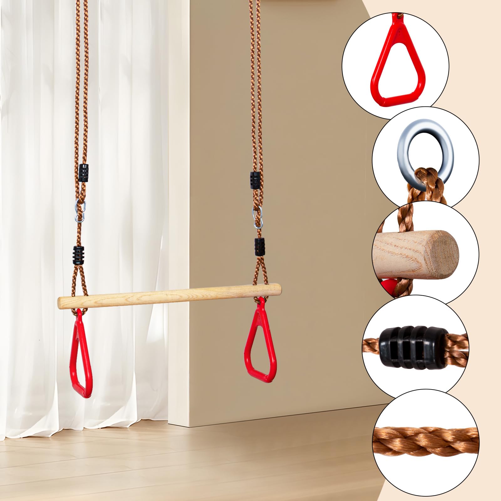 Leogreen - Trapezio in Legno con Anelli da Ginnastica, Barra per Trazioni per Fitness all'Aperto, Colore Rosso