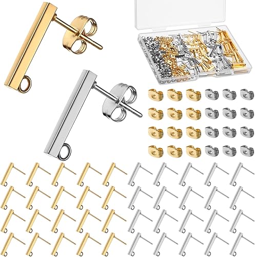 Hinly 80 aretes de acero inoxidable con bucle, 80 piezas de barra de tuerca de oreja, poste perforado para hacer joyas de bricolaje, 2 tamaños