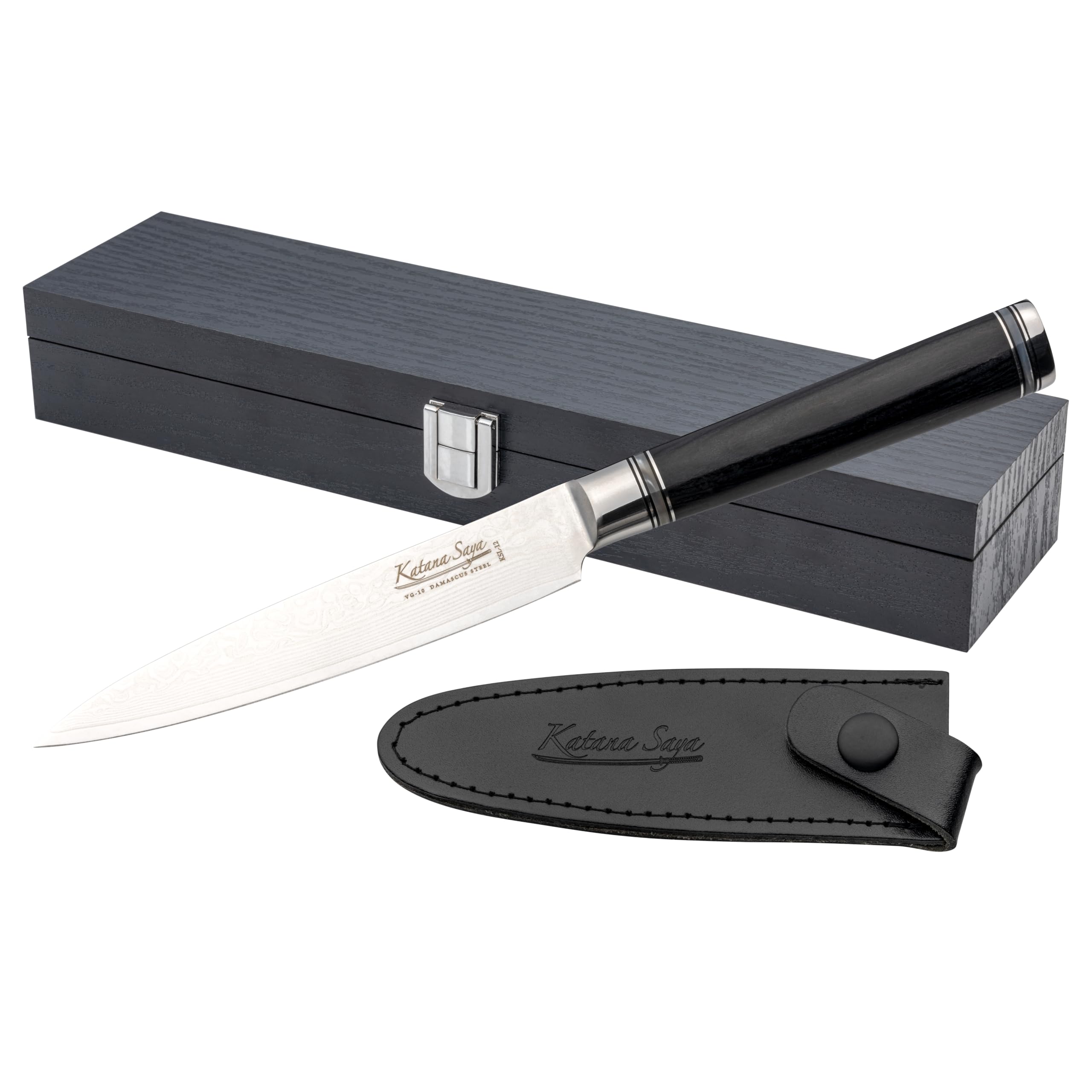 Katana Saya Pakkawood 12cm Utility Knife, Kitchen Knife, Japanese VG-10 Damascus Stainless Steel, Black Pakkawood Handle, Japanese Style