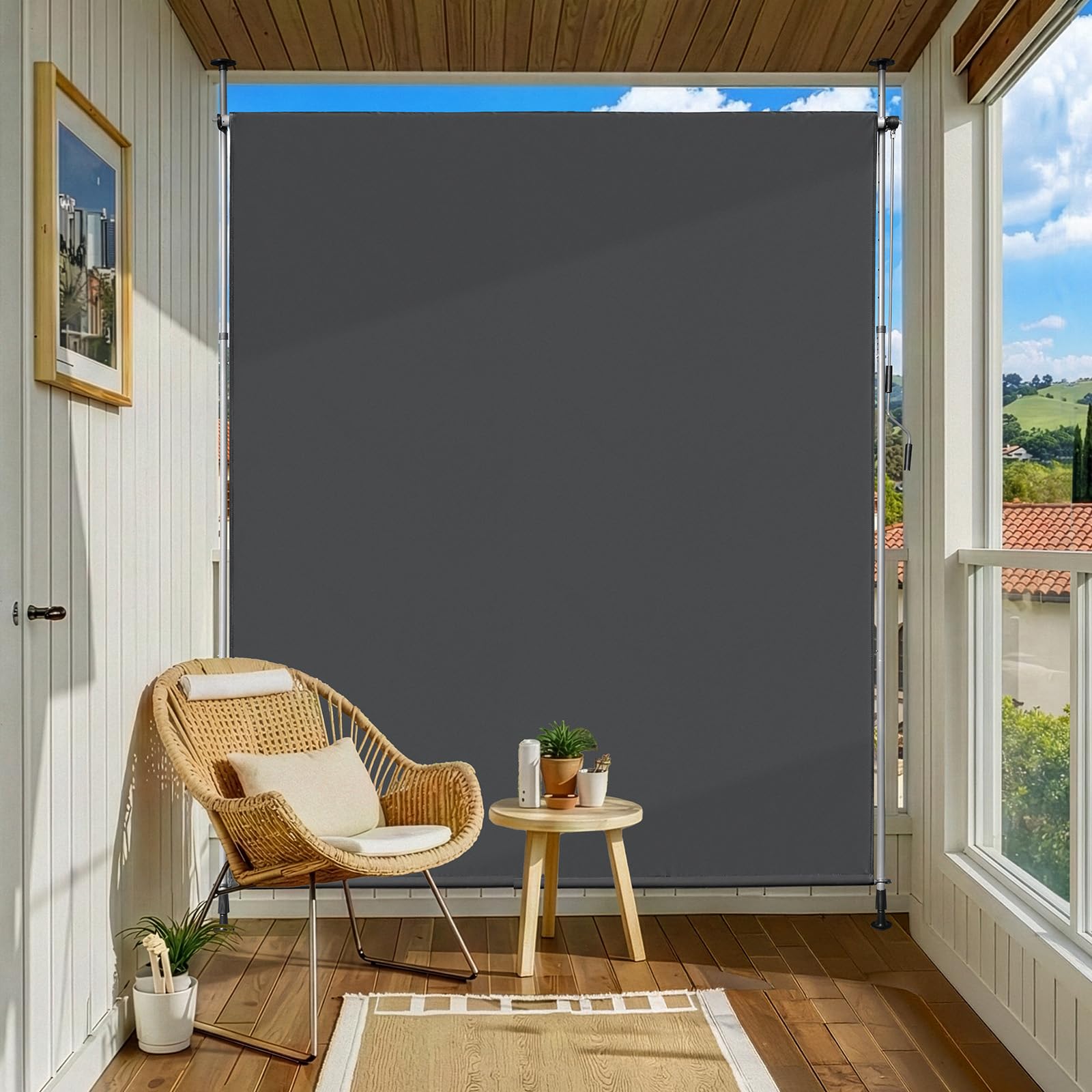 LEADZM Klemmmarkise Senkrechtmarkise 200x305 cm,Ausziehbar & Blickdicht, UV-Schutz 50+ & Wasserfest, Ohne Bohren mit Handkurbel für Garten, Terrasse, Balkon&Wohnzimmer,Anthrazit