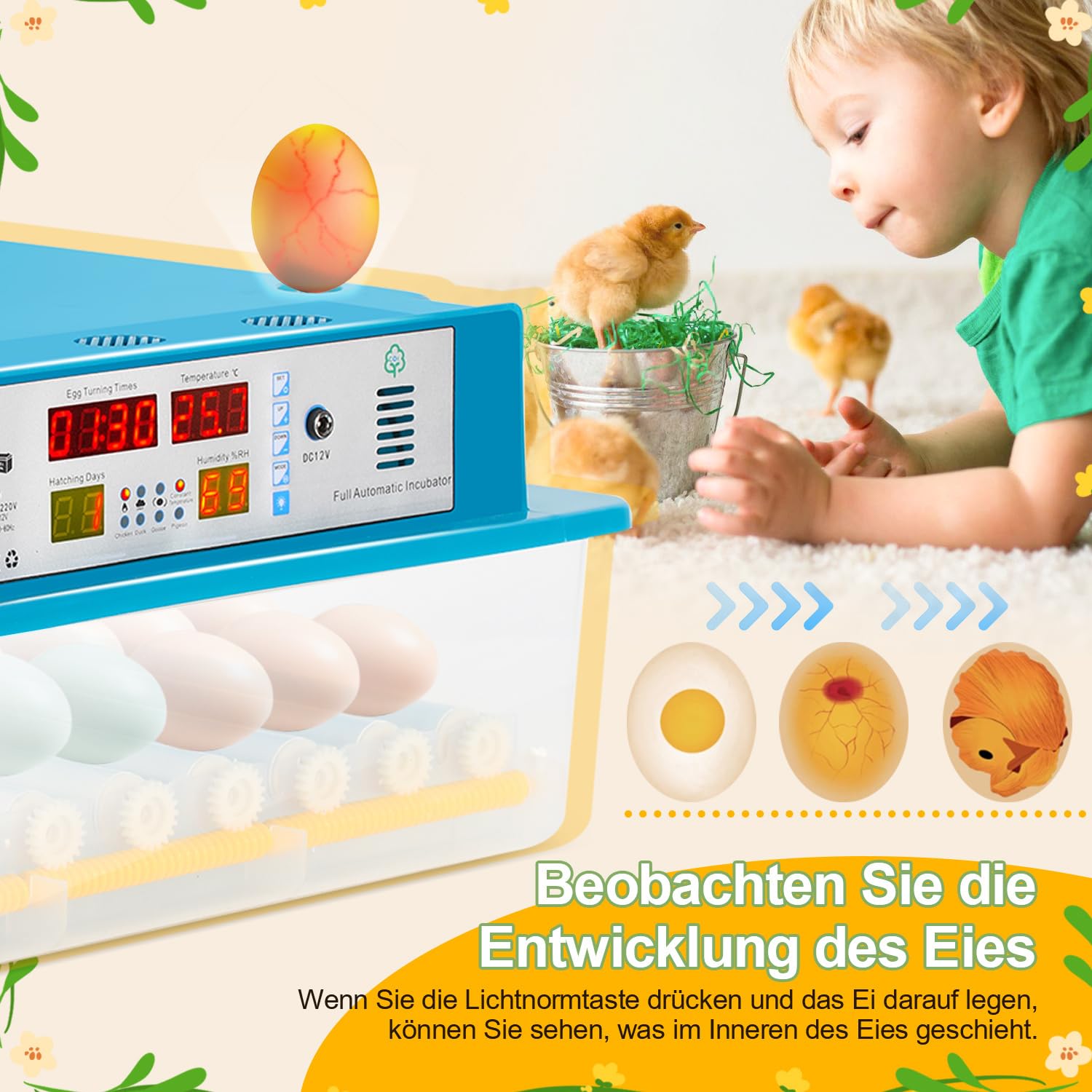 Incubadora totalmente automática, incubadora para 64 huevos de gallina con control de temperatura y humedad, sistema automático de giro de 90 minutos, transluminancia LED y funcionamiento con