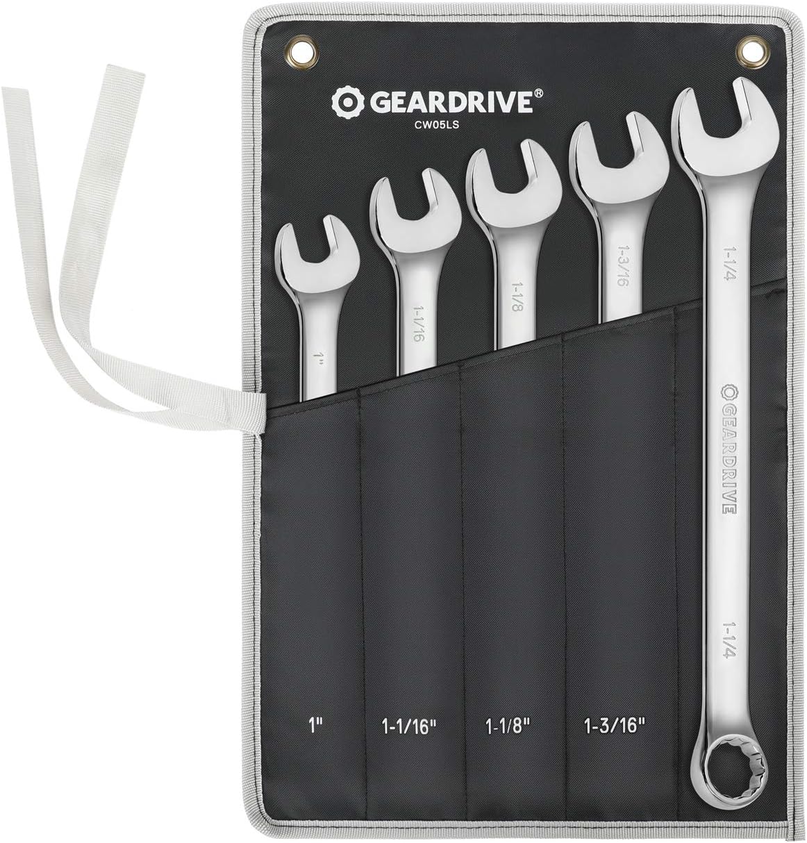 Long Pattern Combination Wrench Set, SAE, 5-Piece, 1" to 1-1/4", 12 Point, Chrome Vanadium Steel, with Pouch