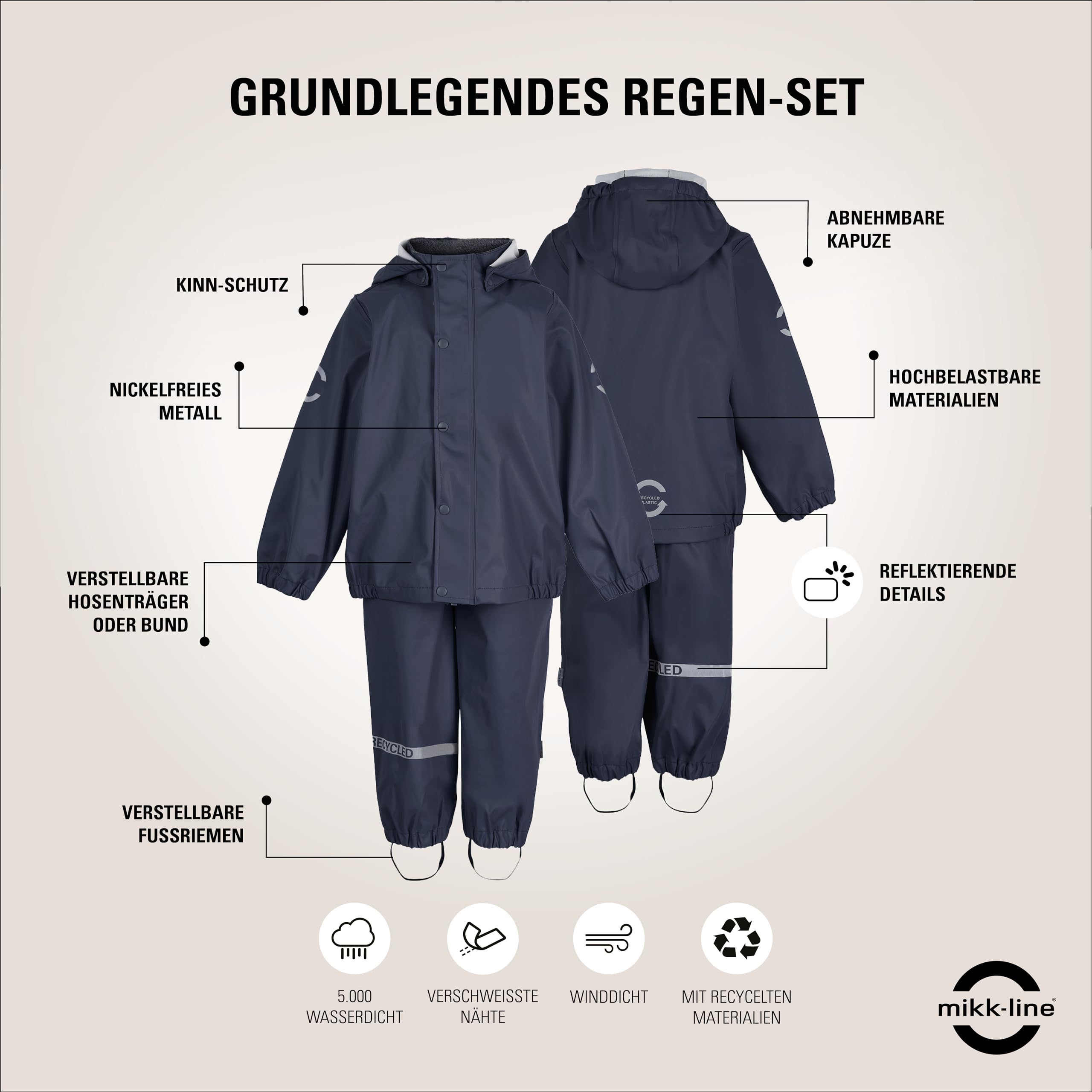 Mikk-line PU Zweiteiliger Regenset mit Trägern | Oeko-TEX Standard 100 | 100% recyceltem PU-Material | Für Jungen Und Mädchen | Regenhose und Regenjacke | Reflektierenden Details