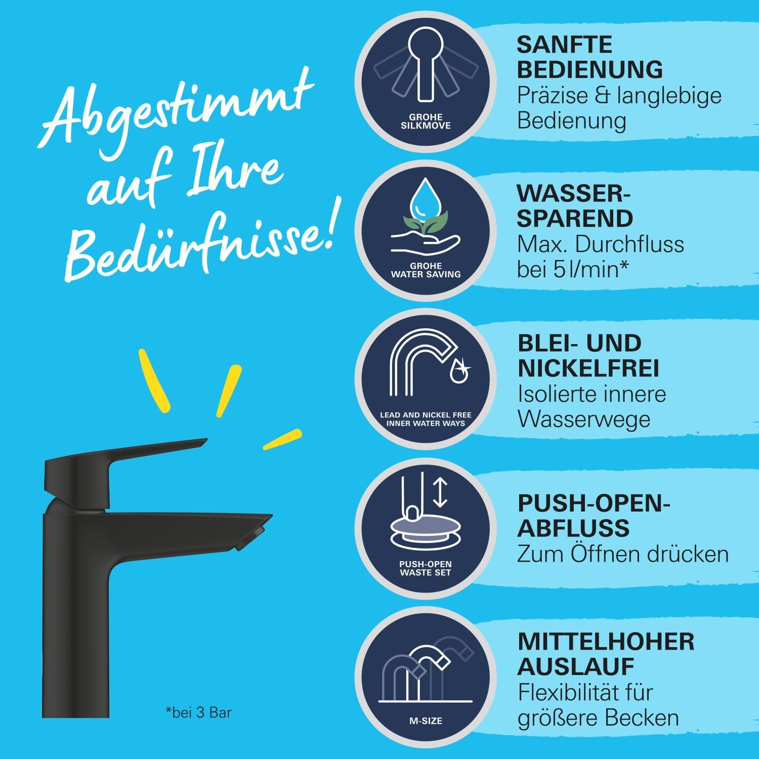 GROHE Start, Waschtischarmatur, wassersparend (Wasserhahn für das Bad, Badarmatur mit Pop-Up Ablauf, 19cm hoch, mit 3in1 Werkzeug, einfache Installation am Waschbecken), schwarz, 235752432