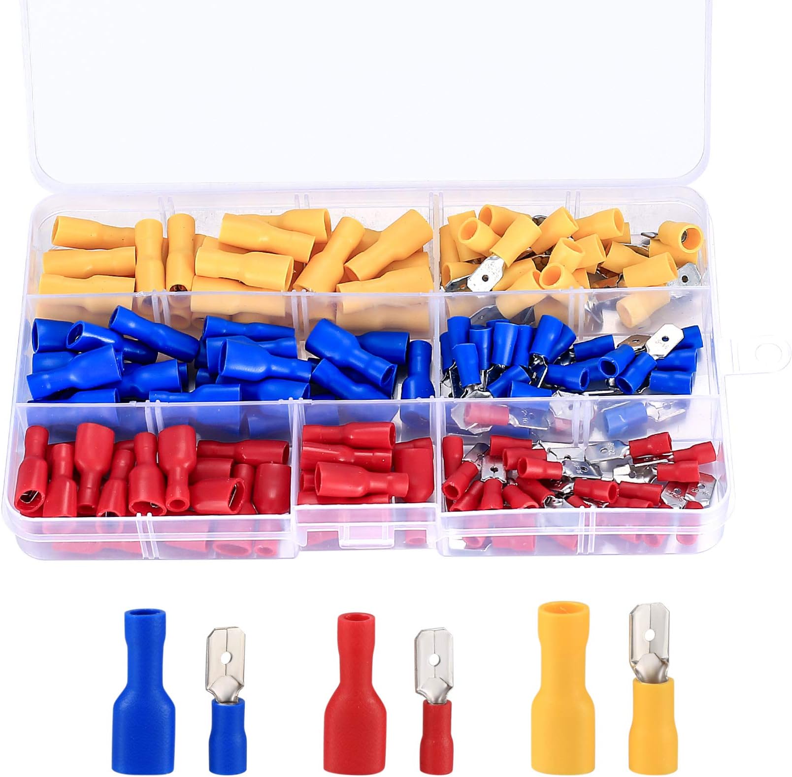Spade Connector Insulated Crimp Terminals, Electrical Wire Terminals Crimp Connector Set, Male and Female Bullet Connectors Tool Kit for Electrical Wiring(Red, Yellow, Blue, 150 Pcs)