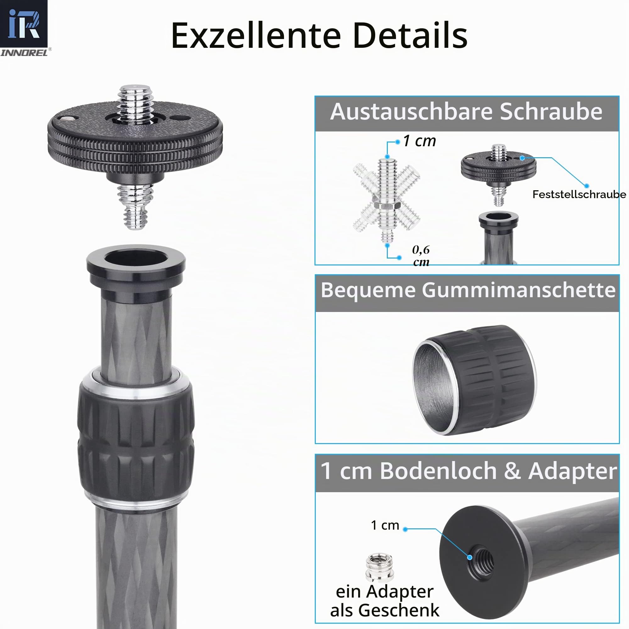 INNOREL ER222C Universal-Verlängerungsstange aus Kohlefaser für Stative mit zweiteiliger Mittelsäule für Stativ, Einbeinstativ, DSLR-Kamera, max. Rohr 22,2 mm