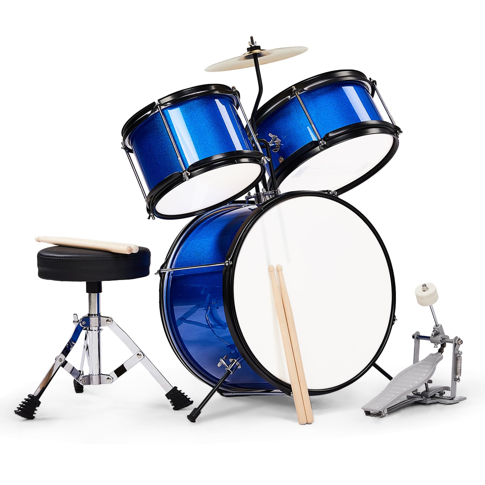 3-Piece Drum Set, 14 Inch Beginners Drums Kit with Throne Stool, Pedal & 2 Pairs of Drumsticks, Junior Drums Set Musical Instruments W/Cymbal, Tom, and Snare Drum (Dark blue)