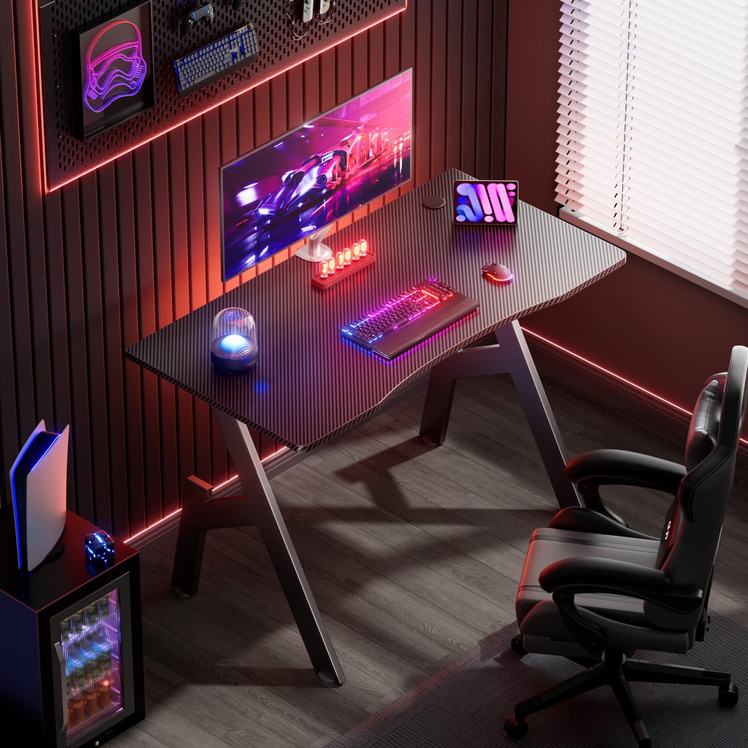 Scrivania Da Gaming 100x50 Cm – Fibra Di Carbonio, Con LED RGB, Presa USB, Portabicchieri, Gancio Cuffie E Struttura A Z, Robusta Ed Ergonomica