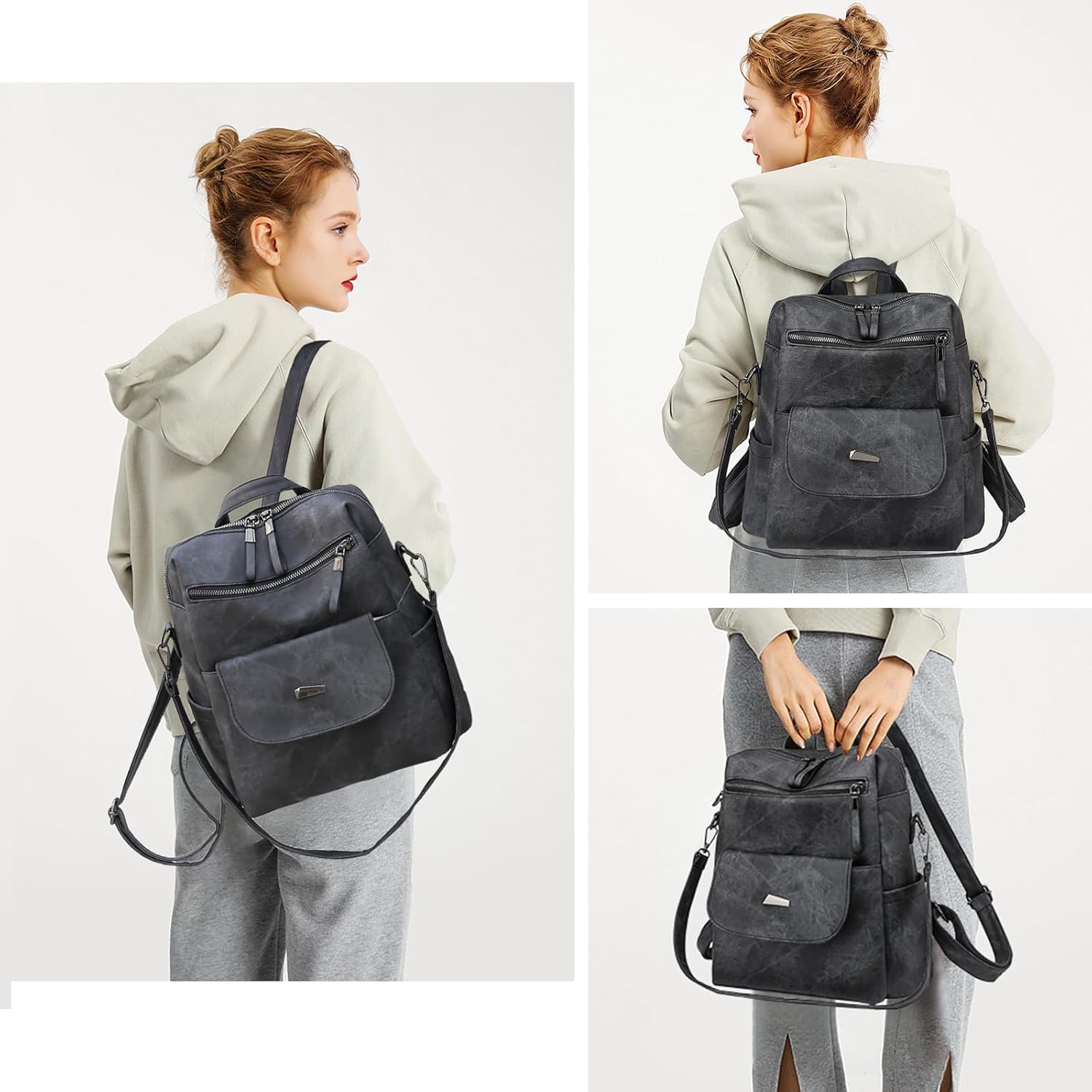 Backpack Purse for Women, PU Leather Backpack Purse, Fashion Travel Anti Theft Backpack, Multipurpose Lightweight Waterproof Convertible Purse Shoulder Bag Handbag, Black - Image 2