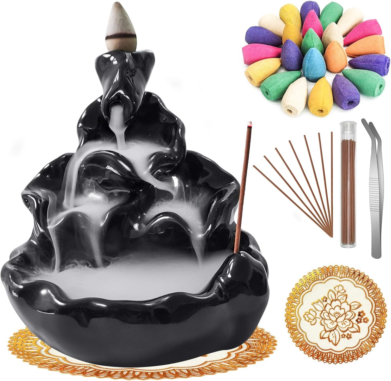 Incense Burner Set,Ceramic Backflow Cones Sticks Holder