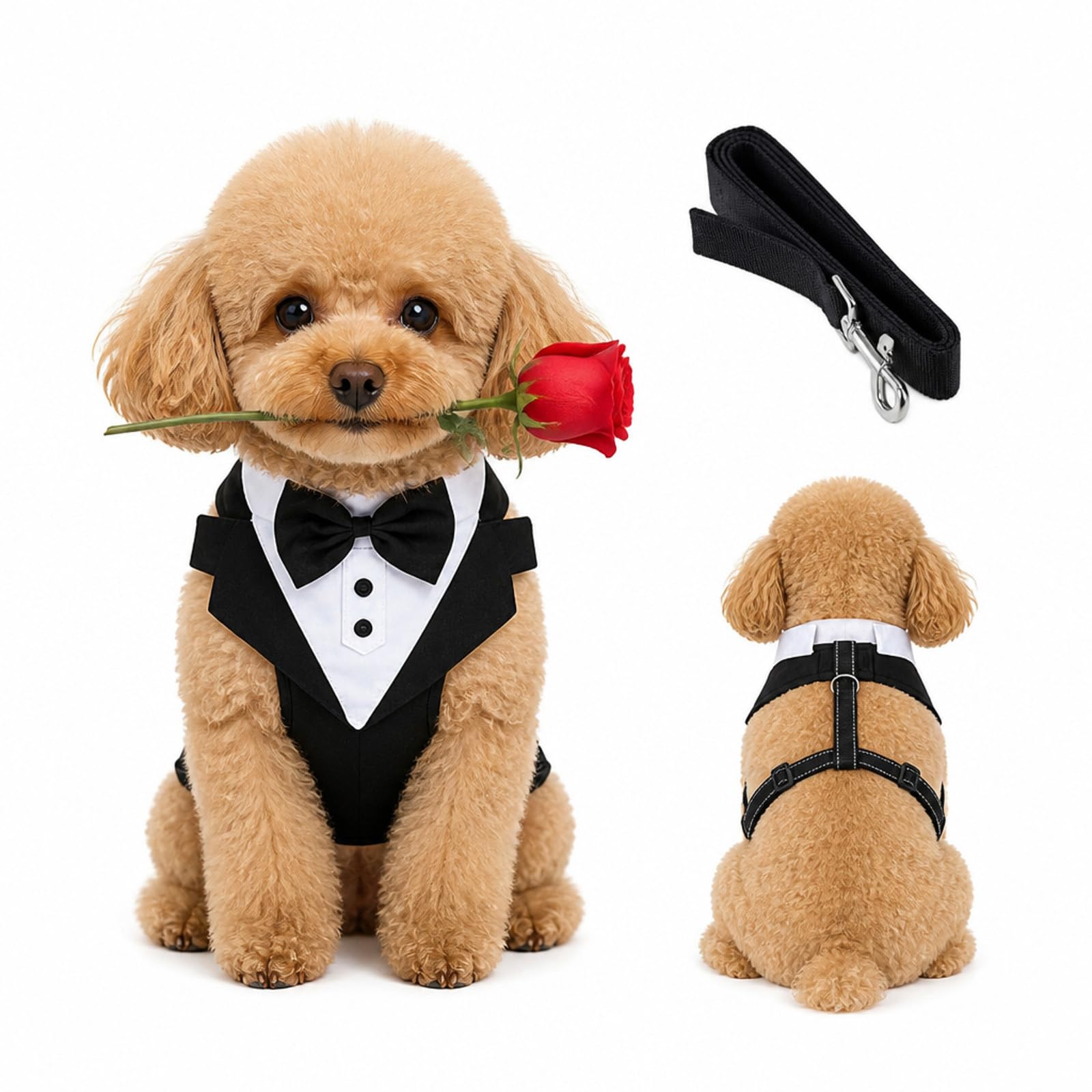 Dog Tuxedo Harness and Lead Set: Wedding Outfit with Bow Tie – Formal Suit for Small to Medium Dogs – Party Costume – Adjustable No-Pull Vest with Lead (Black, M)