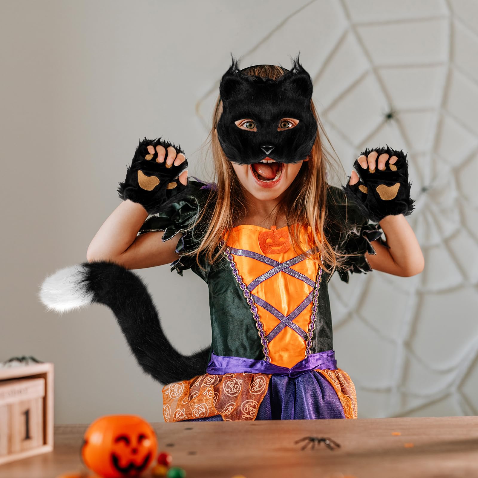 XEPST Ensemble de Costumes de Renard Animal, Costume de Renard en Fausse Fourrure avec Masque de Renard Queue de Renard pour Accessoire Déguisement Costume Anniversaire Halloween Carnaval, Noir