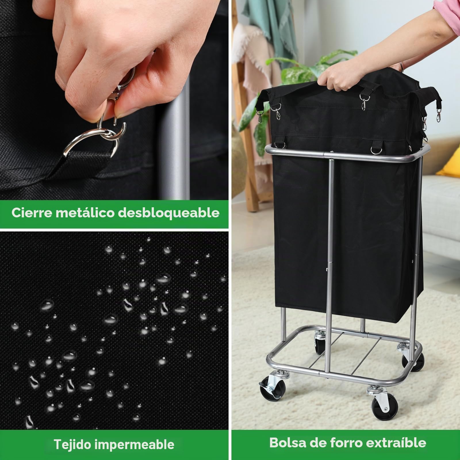 Cesta de lavandería con ruedas, cesta de lavandería con bolsa extraíble, carrito clasificador de ropa de 100 L, organizador estrecho y delgado con marco de metal resistente, negro y plateado