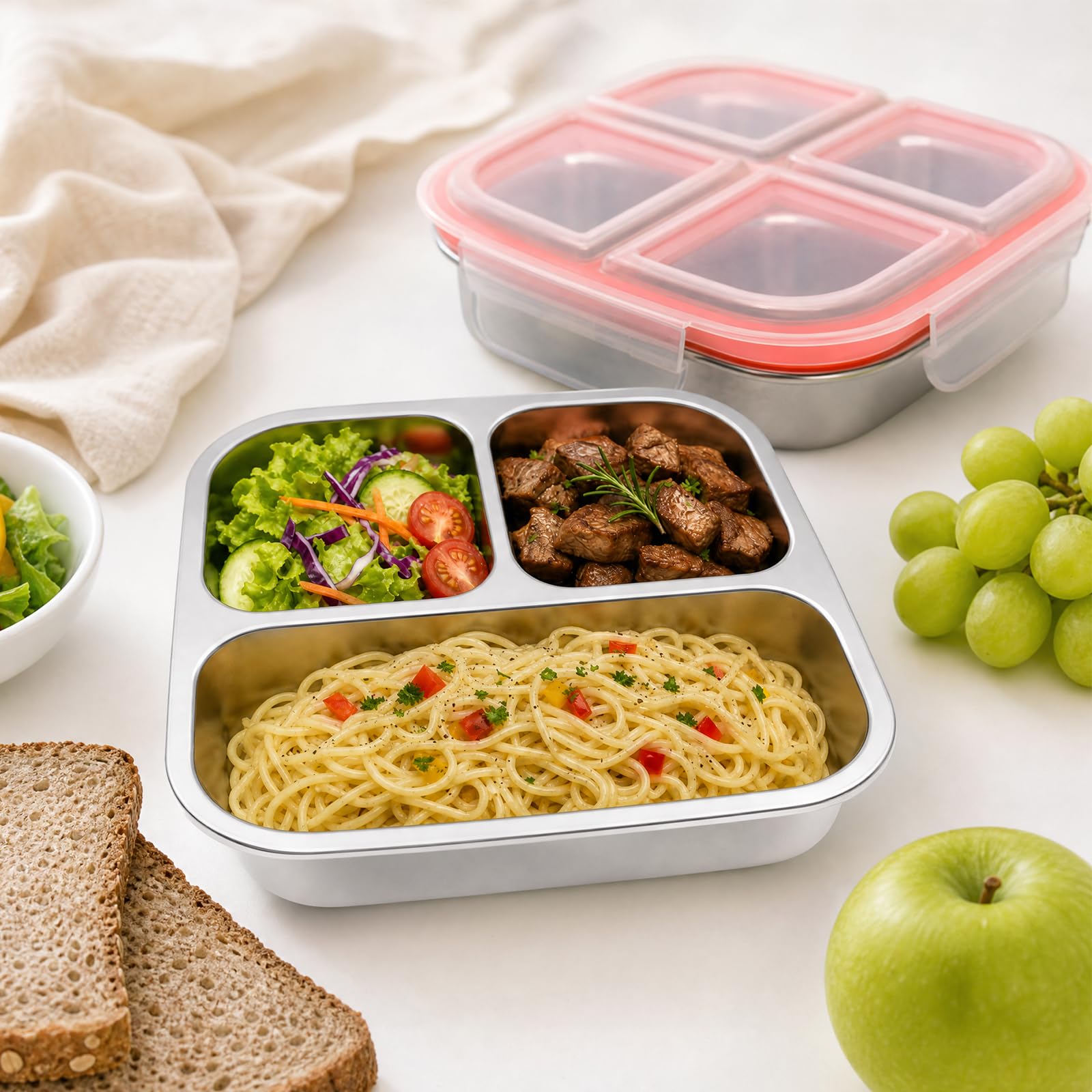 2 Stk 600ml Snackbox mit Fächern Edelstahl,Brotdose für Kinder &Erwachsene