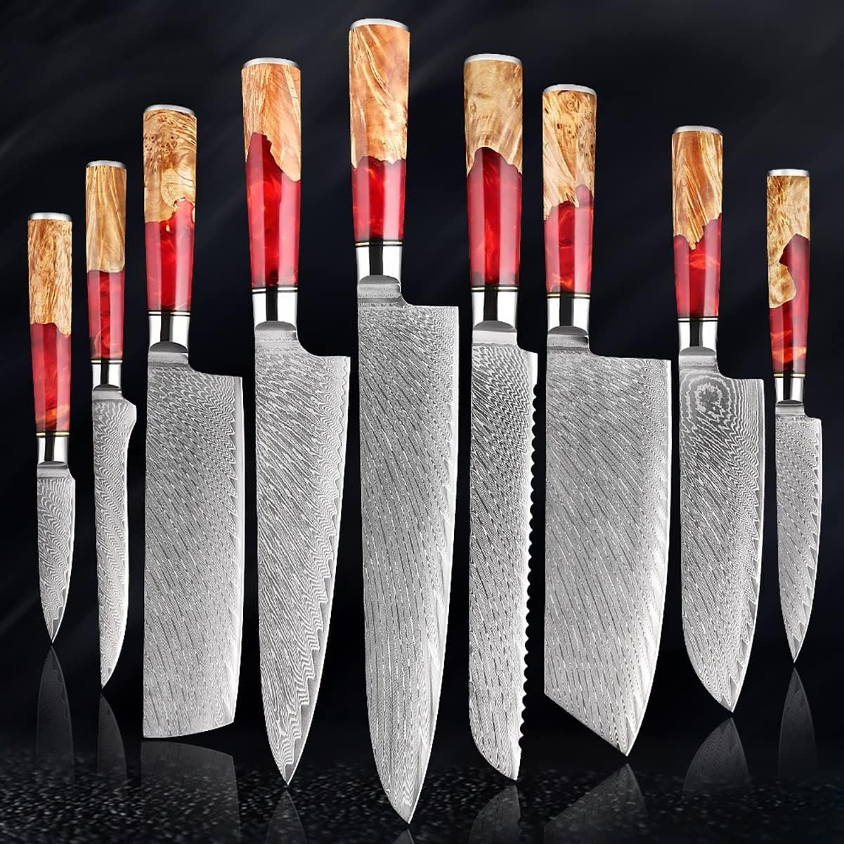 Set Cuchillos Cocina 9 Piezas Acero Damasco