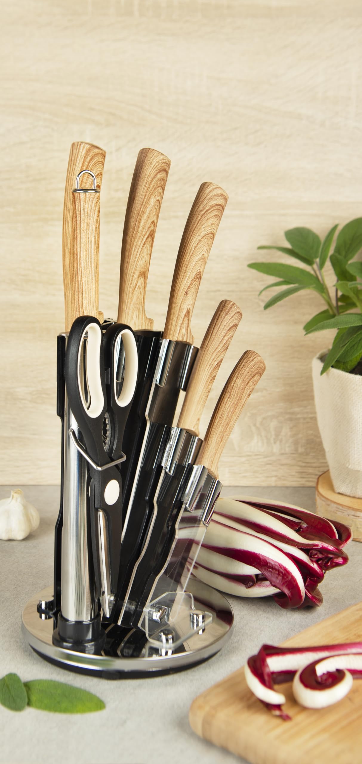 Set Coltelli Da Cucina Excelsa 8 Pezzi Con Ceppo - Lama Nera INOX, Manico Legno, Affilatore Incluso - Foto 8