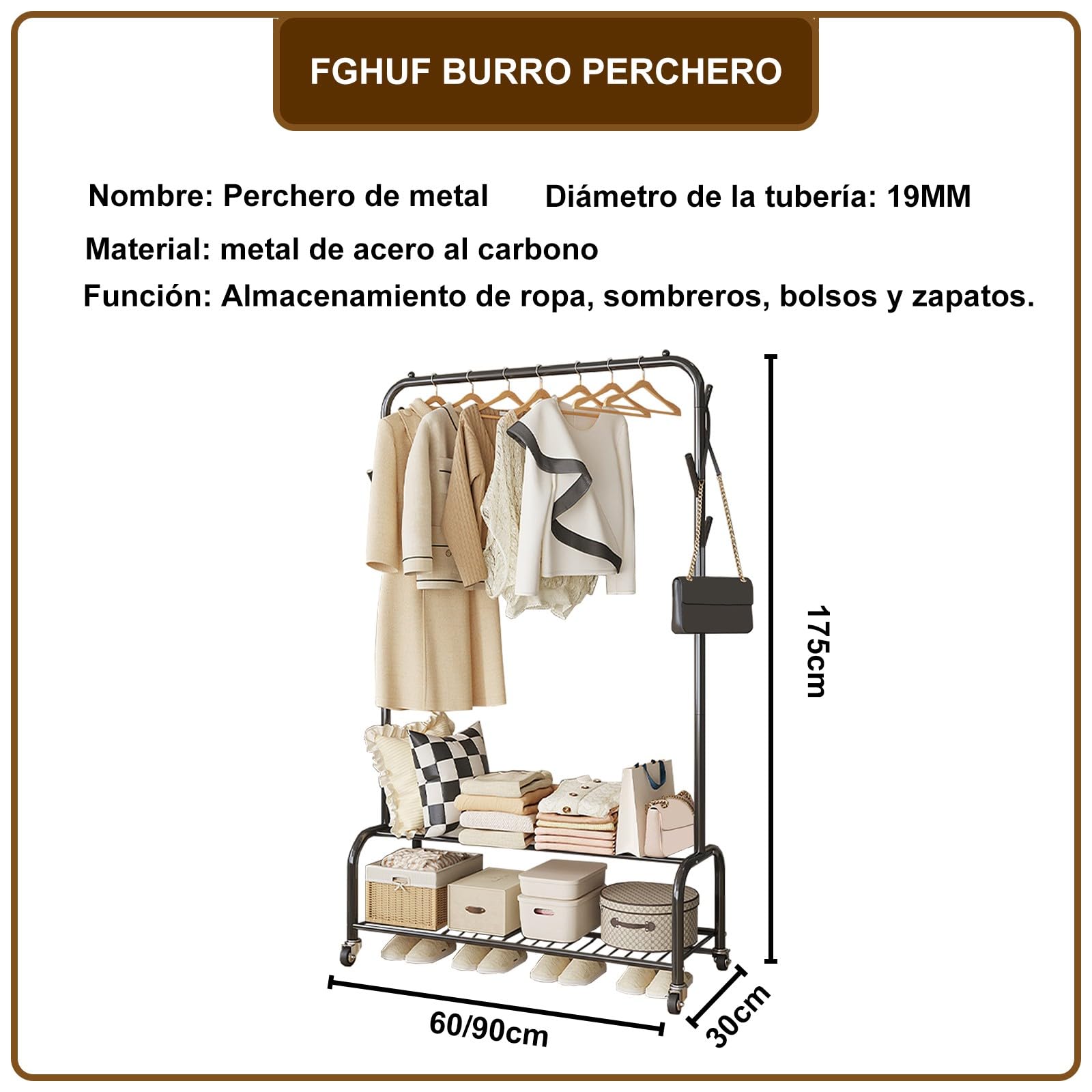 Perchero Metálico Con Ruedas, Burro De Ropa Resistente, Puede Guardar Ropa, Sombreros, Bolsos Y Zapatos (Negro, 90 cm)