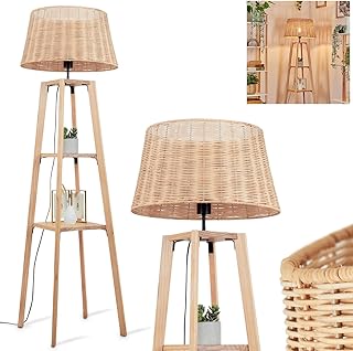 Lampadaire Cavaca, lampadaire en bois/osier de couleur naturelle, lampe de style scandinave avec abat-jour rond (Ø 45 cm), tablettes et interrupteur au pied, hauteur 148 cm, 1x E27, sans ampoule