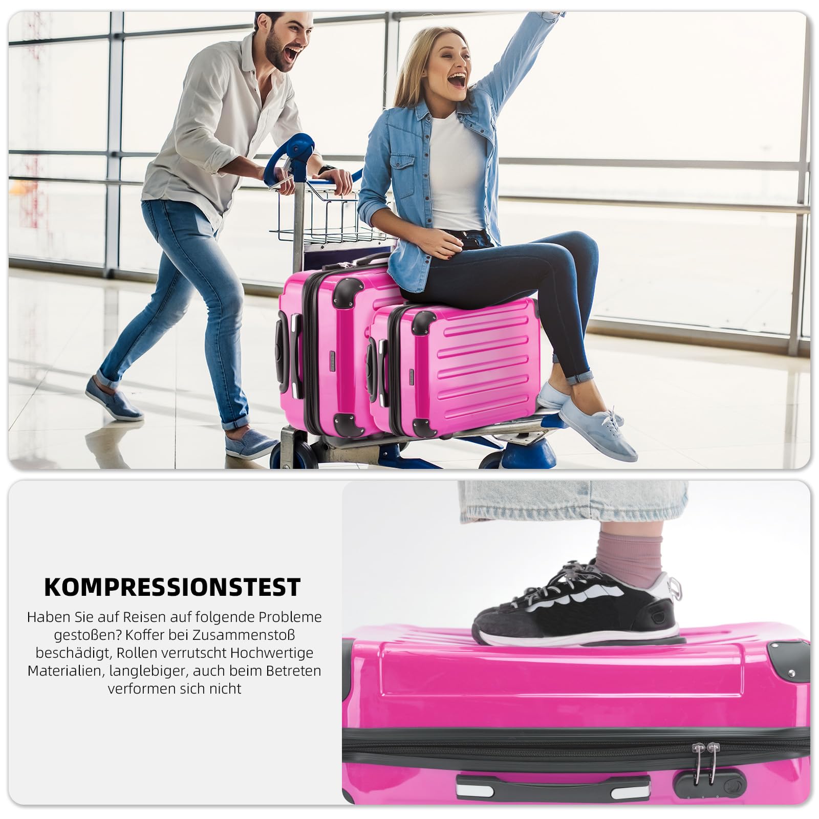 BEIBYE Hartschalen Koffer Trolley Rollkoffer Reisekoffer 4 Zwillingsrollen Polycabonat (Pink, Handgepäck 55cm-40L)