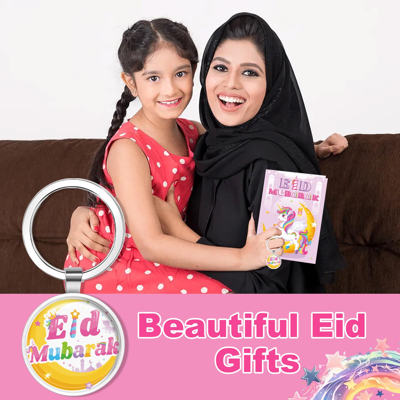 DPKOW Unicorn Eid Mubarak Card with Envelope, Eid Gift for Kids Unicorn Eid Mubarak Keyring - Image 4
