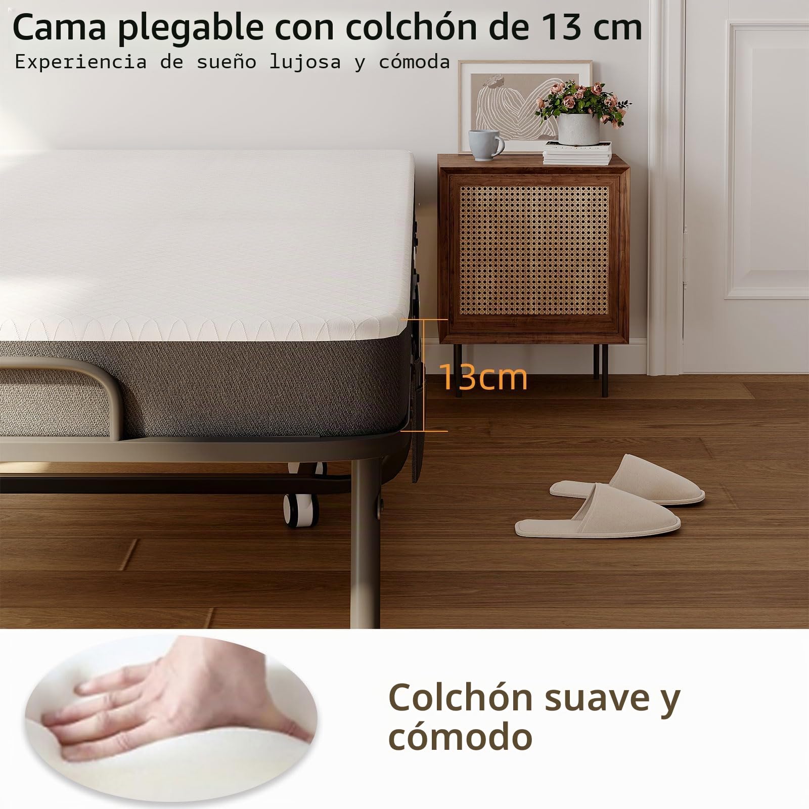 Cama plegable para adultos, 80 x 190 cm, cama plegable para adultos, con colchón de espuma de 13 cm, cama supletoria plegable con 4 ruedas y somier de láminas de metal para invitados, carga 200 kg