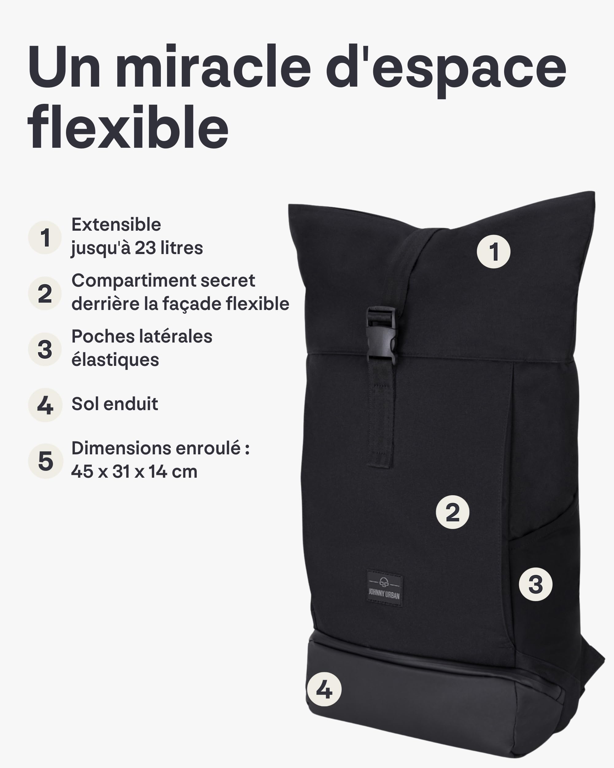 Johnny Urban Sac à Dos Roll Top Femmes & Hommes - Allen Large - Backpack antivol pour Voyage, Sport & Université - Compartiment pour Ordinateur Portable 16 pouces - Hydrofuge