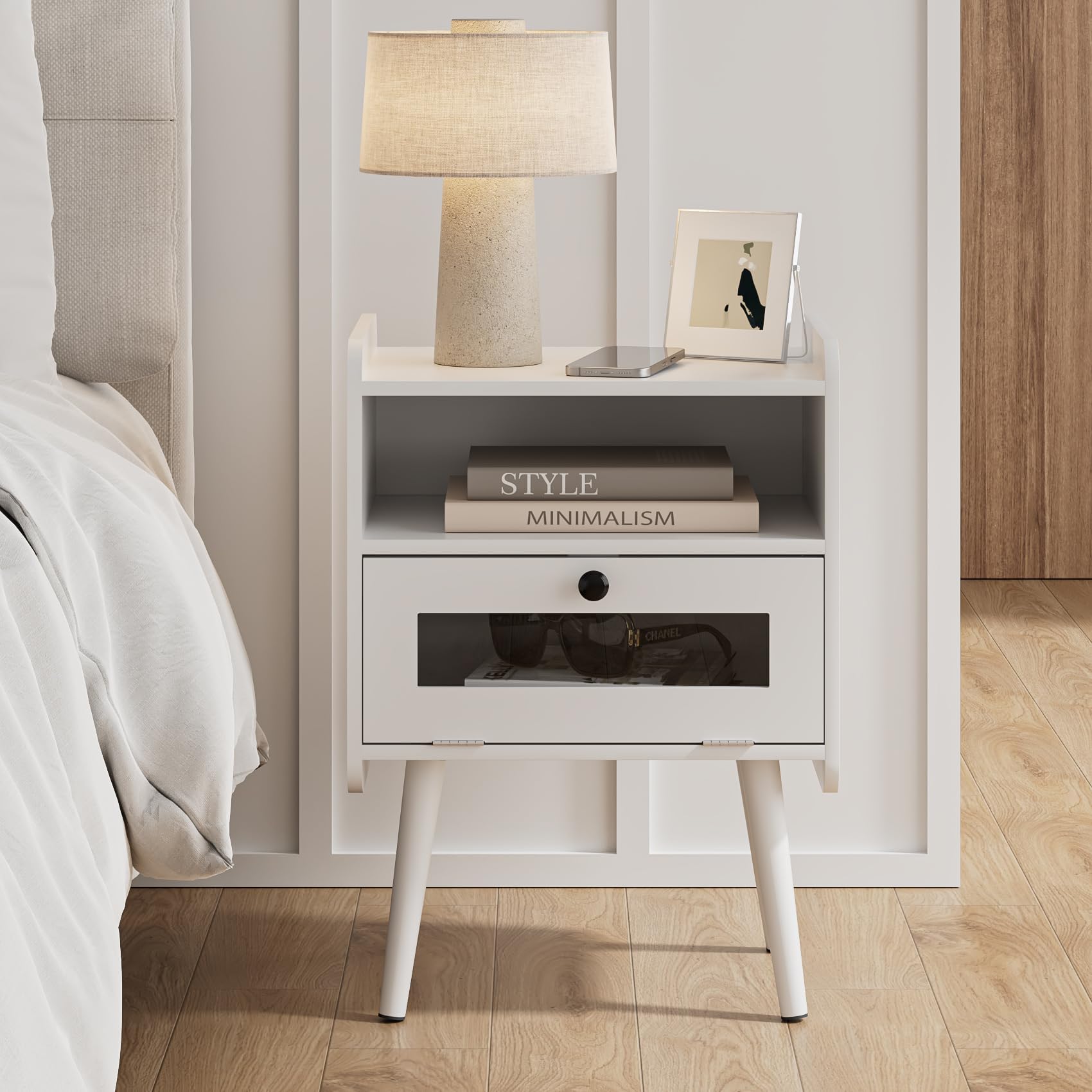 Masupu Night Stand, Modern Side Table Nightstand Bedside Table with Storage Drawer and Open Wood Shelf,Small End Side Table with Front Clear Drawer for Bedroom,Living Room,White Without Outlet