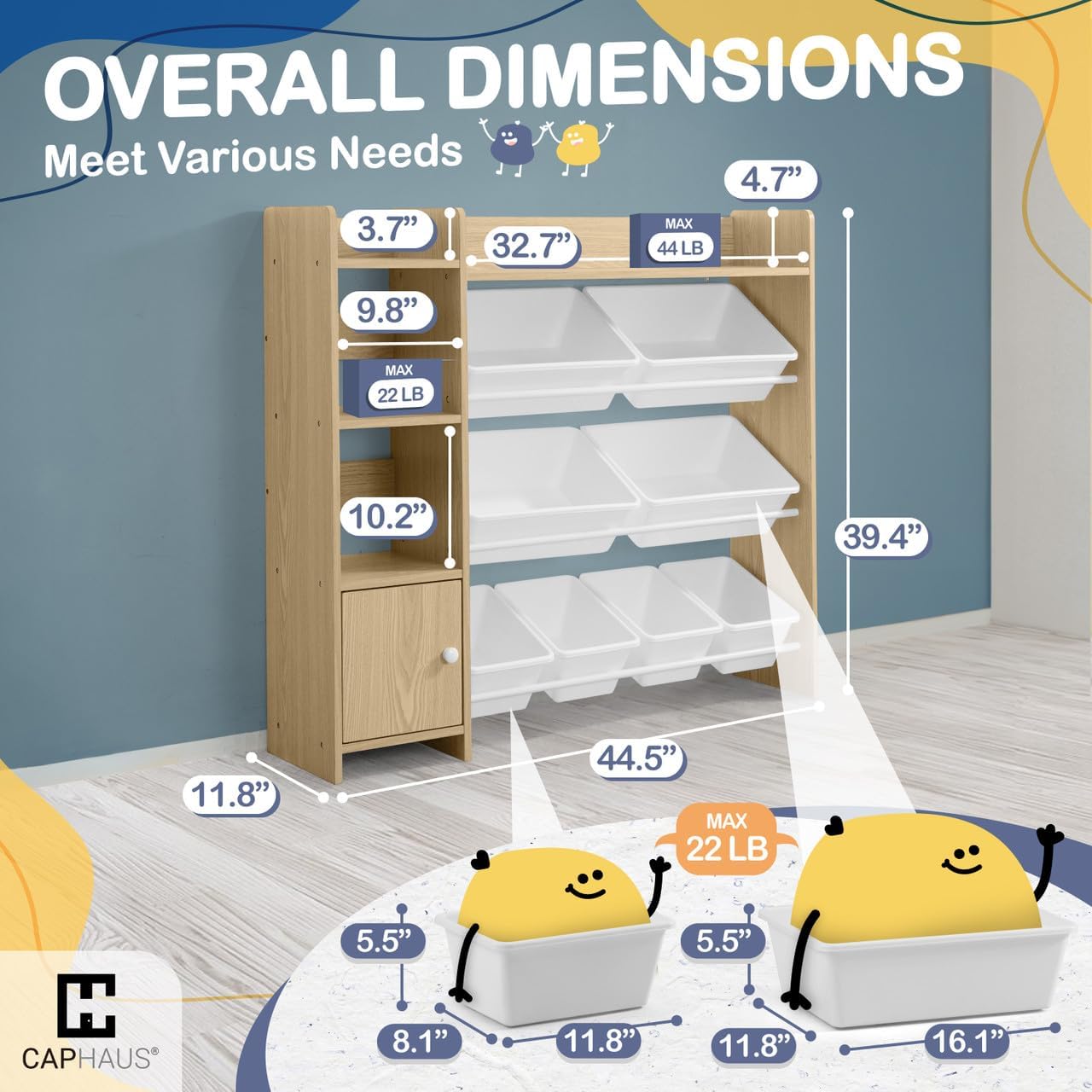 CAPHAUS Natural Oak Toy Organizer with 8 White Plastic Bins, Modern Storage Cabinet for Kids' Toys and Books, 112.5 cm (W) x 100 cm (H) x 30 cm (D)