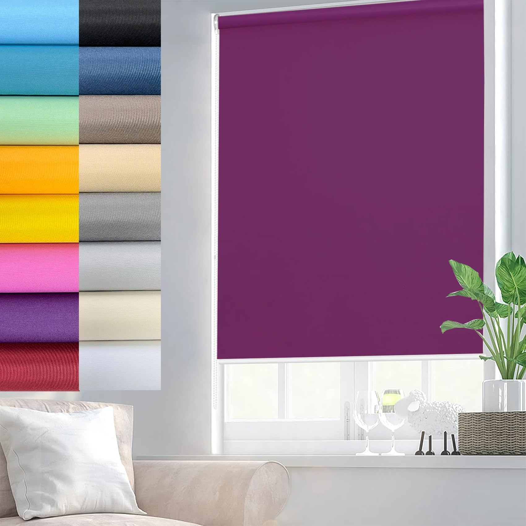 Straight Edge Dim-Out Roller Blind 90 x 110 cm Insulated UV Protection Child Safe Blackout Fabric Roller Blinds, with Beaded Chain for Window and Door, Purple — image 1