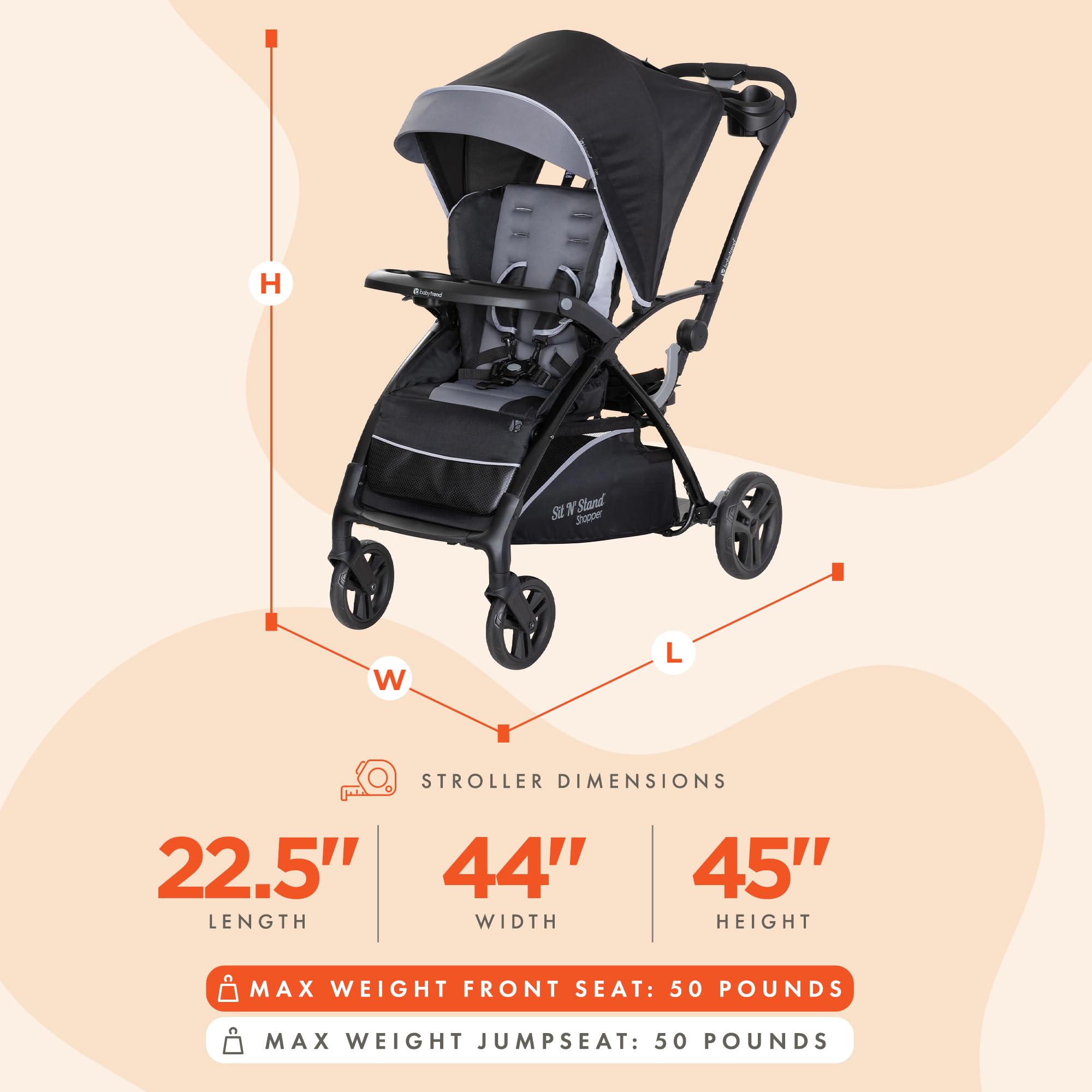 Baby Trend Sit N' Stand 5-in-1 Collapsible Kids Shopper Stroller with Shaded Canopy Visor, Extendable Storage Basket, and 2 Cup Holders, Stormy : Baby